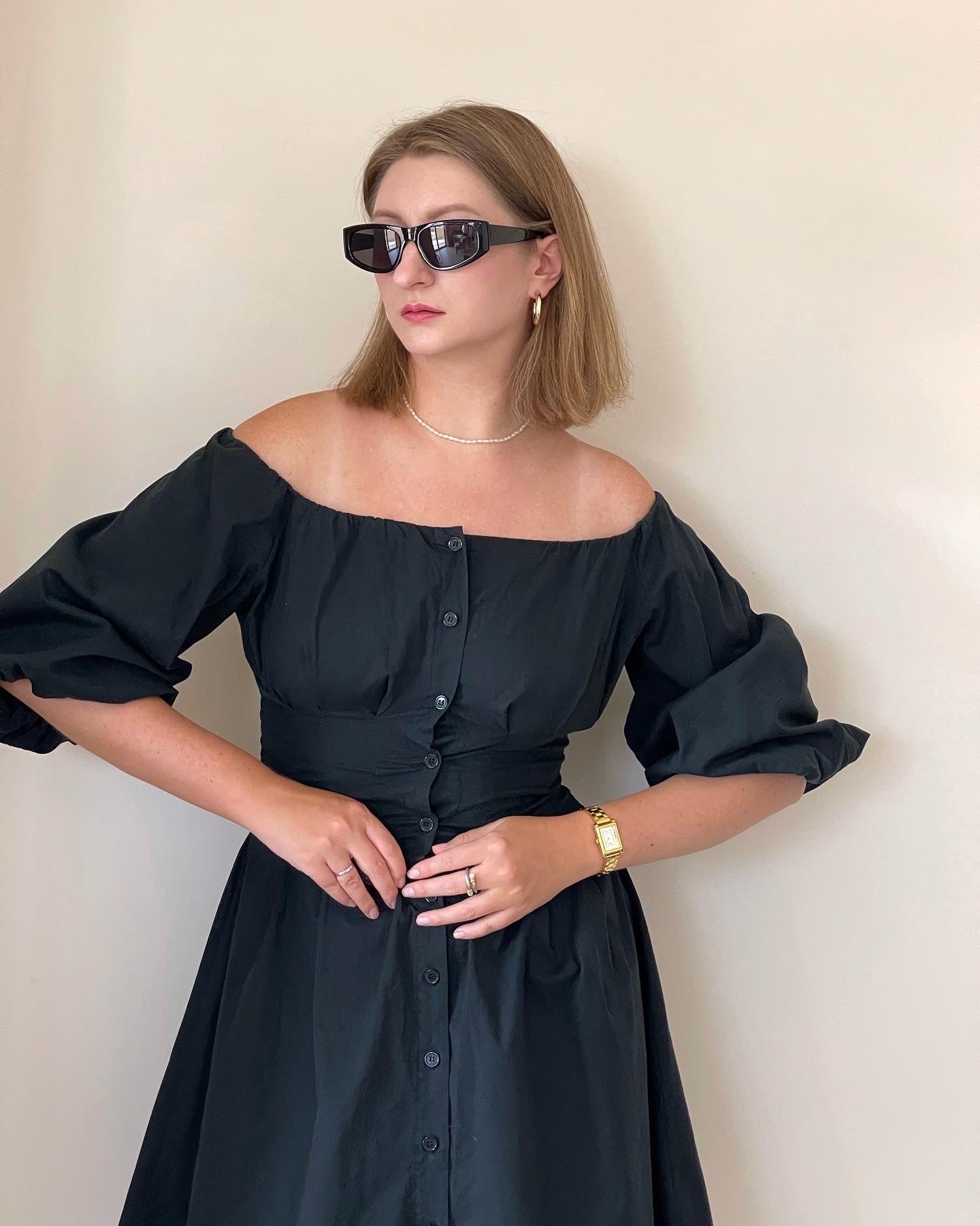 Incredible vintage black cotton dress with puff sleeves