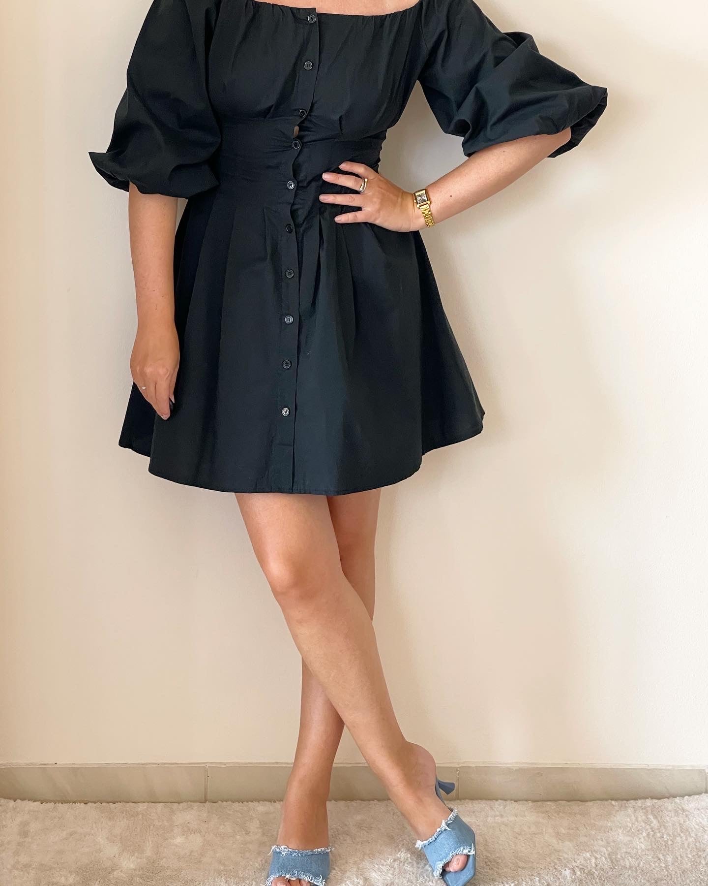 Incredible vintage black cotton dress with puff sleeves