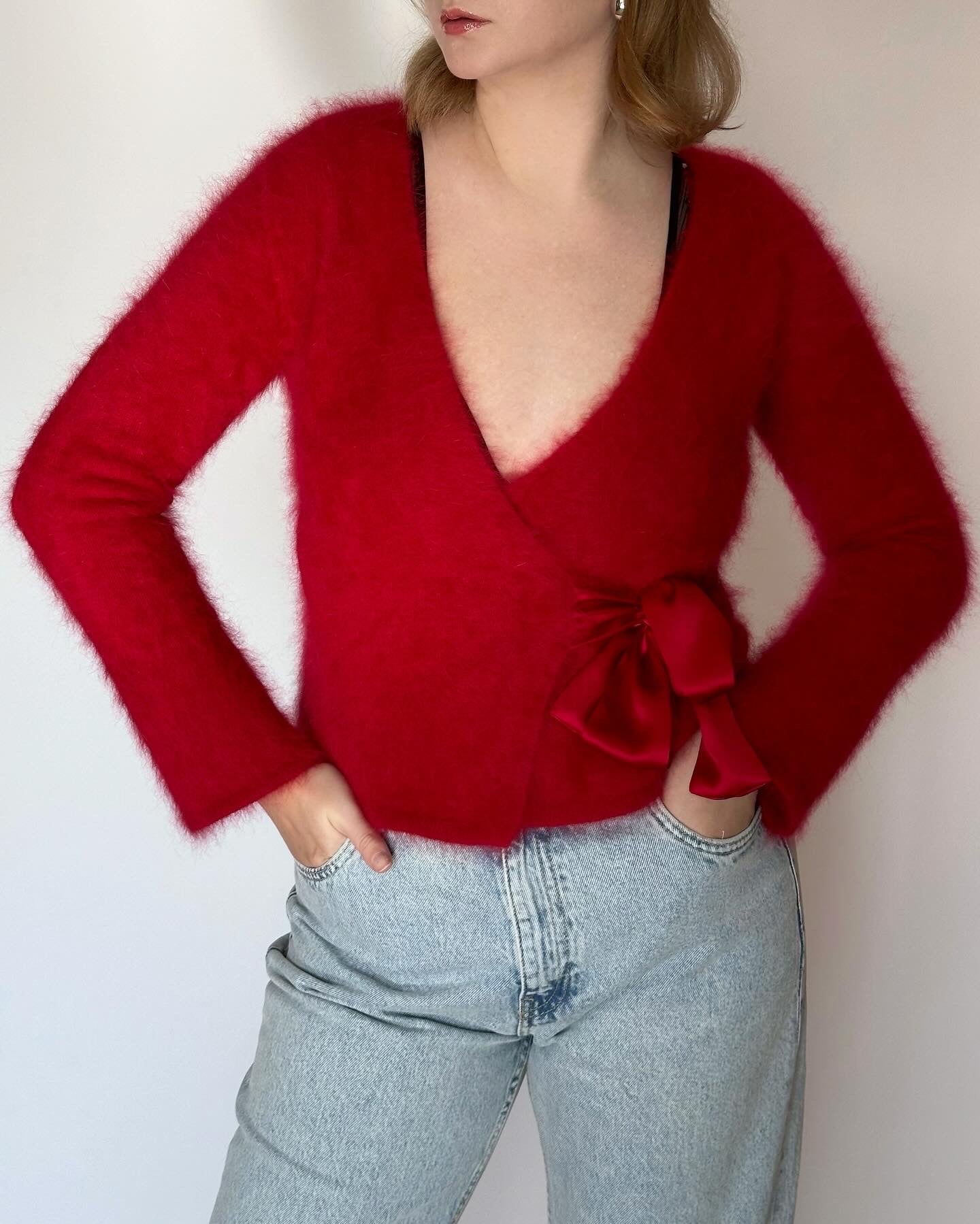 Astonishing vintage wrap cardigan made of angora with silk ribbons Monsoon