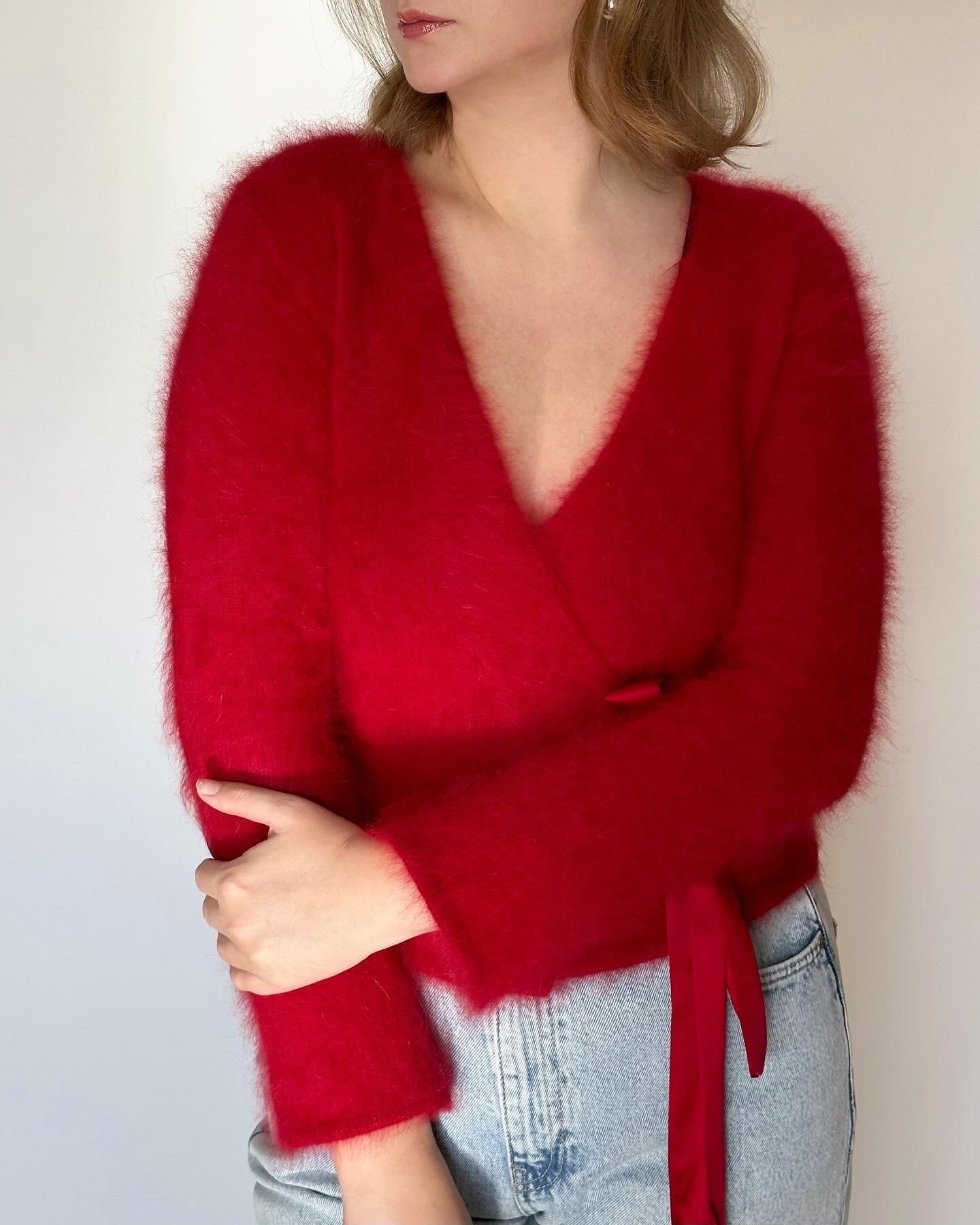 Astonishing vintage wrap cardigan made of angora with silk ribbons Monsoon