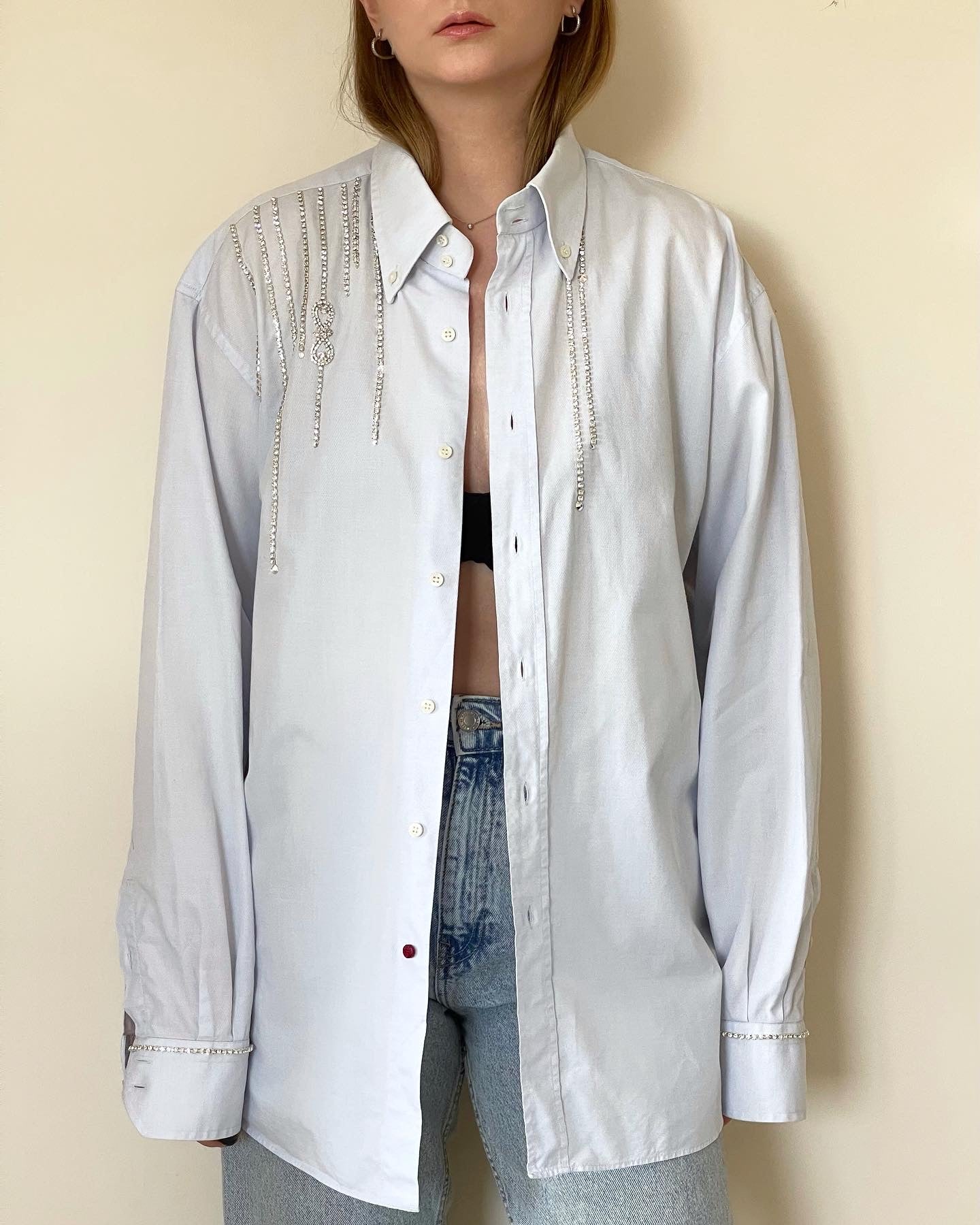 Vintage oversized men's shirt hand-decorated with rhinestone crystal chain