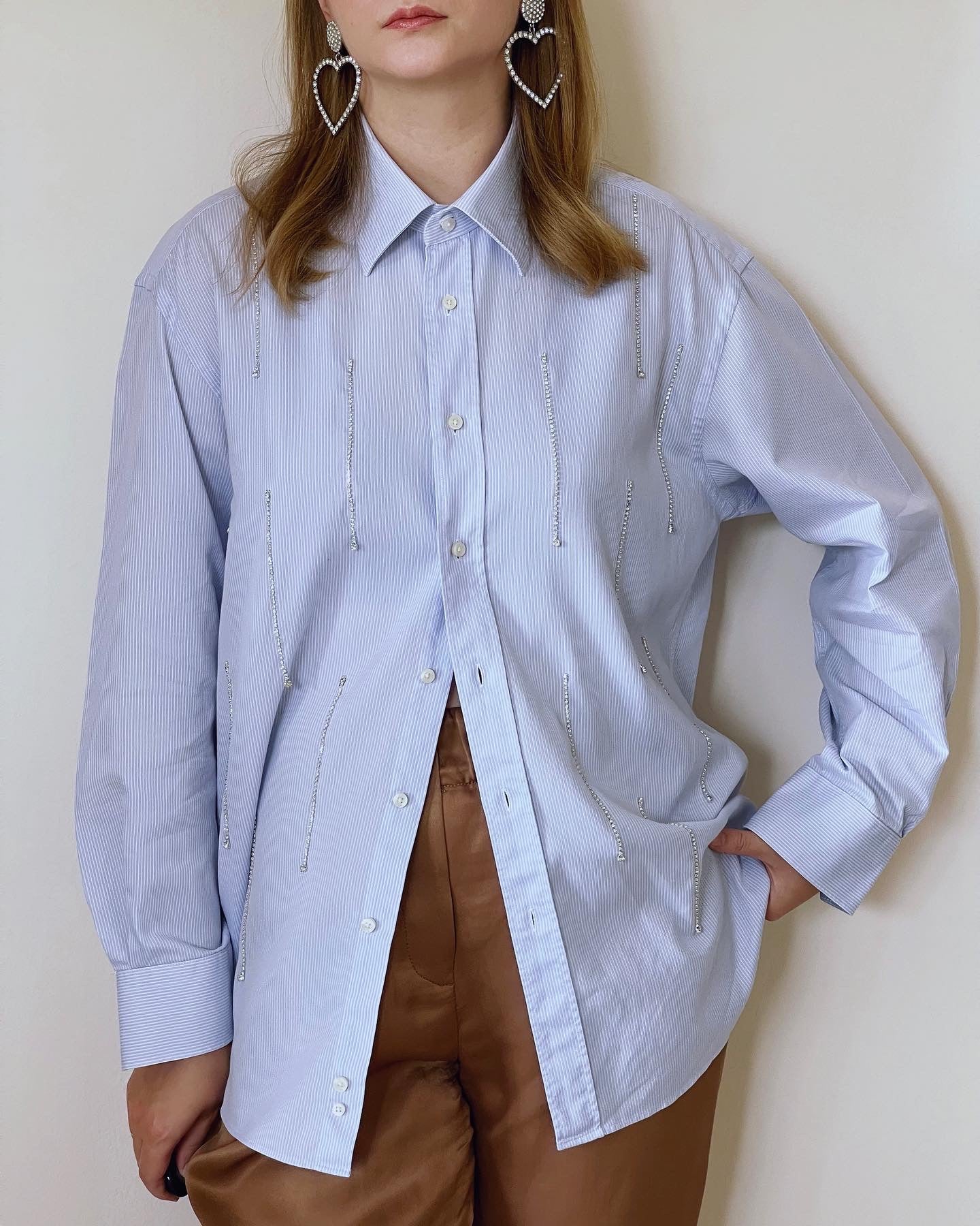 Stunning oversized men's shirt hand-decorated with rhinestone crystal chain