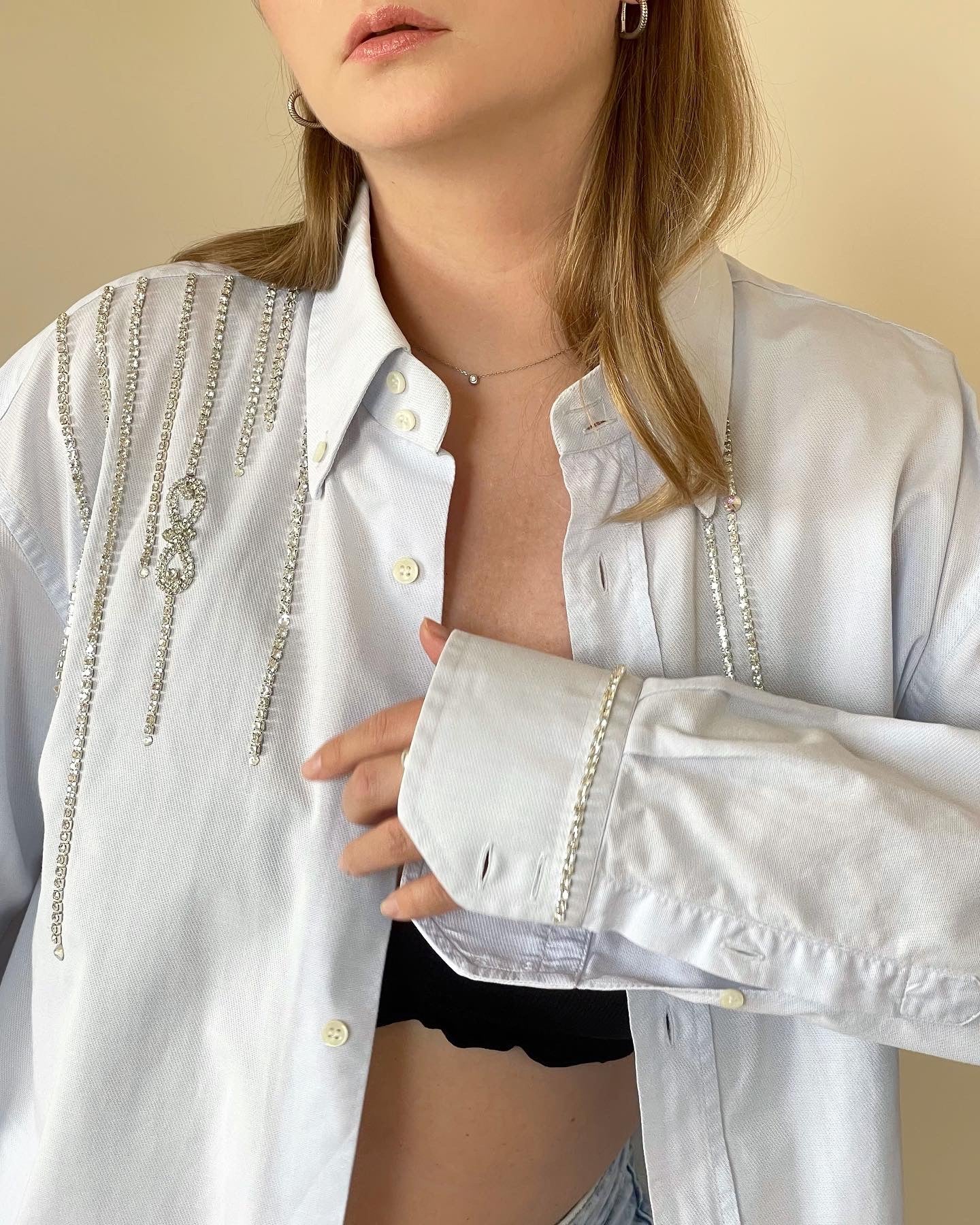 Vintage oversized men's shirt hand-decorated with rhinestone crystal chain