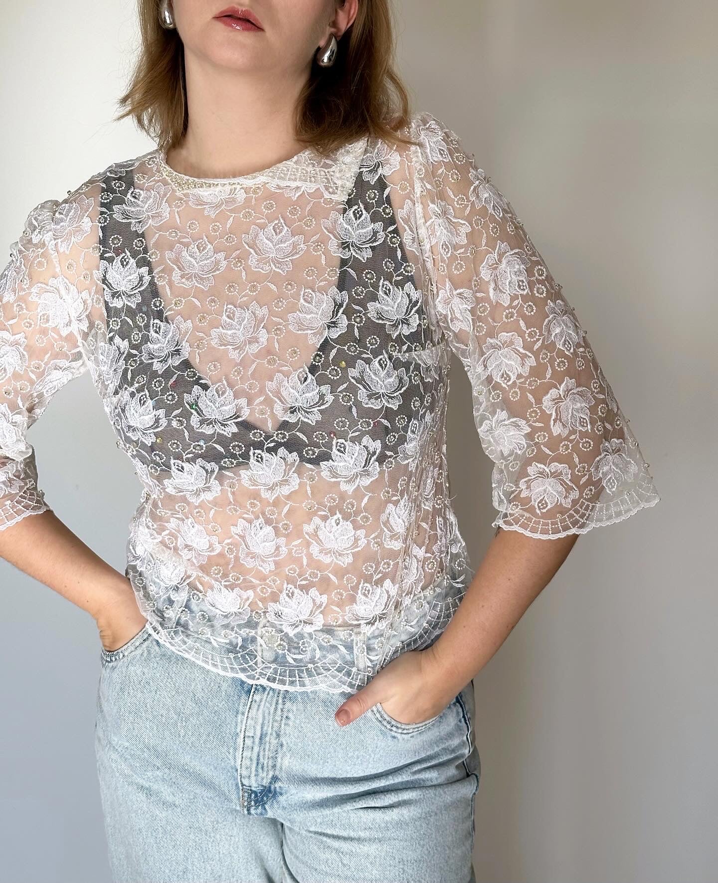 Beautiful vintage lace blouse with flowers and beads