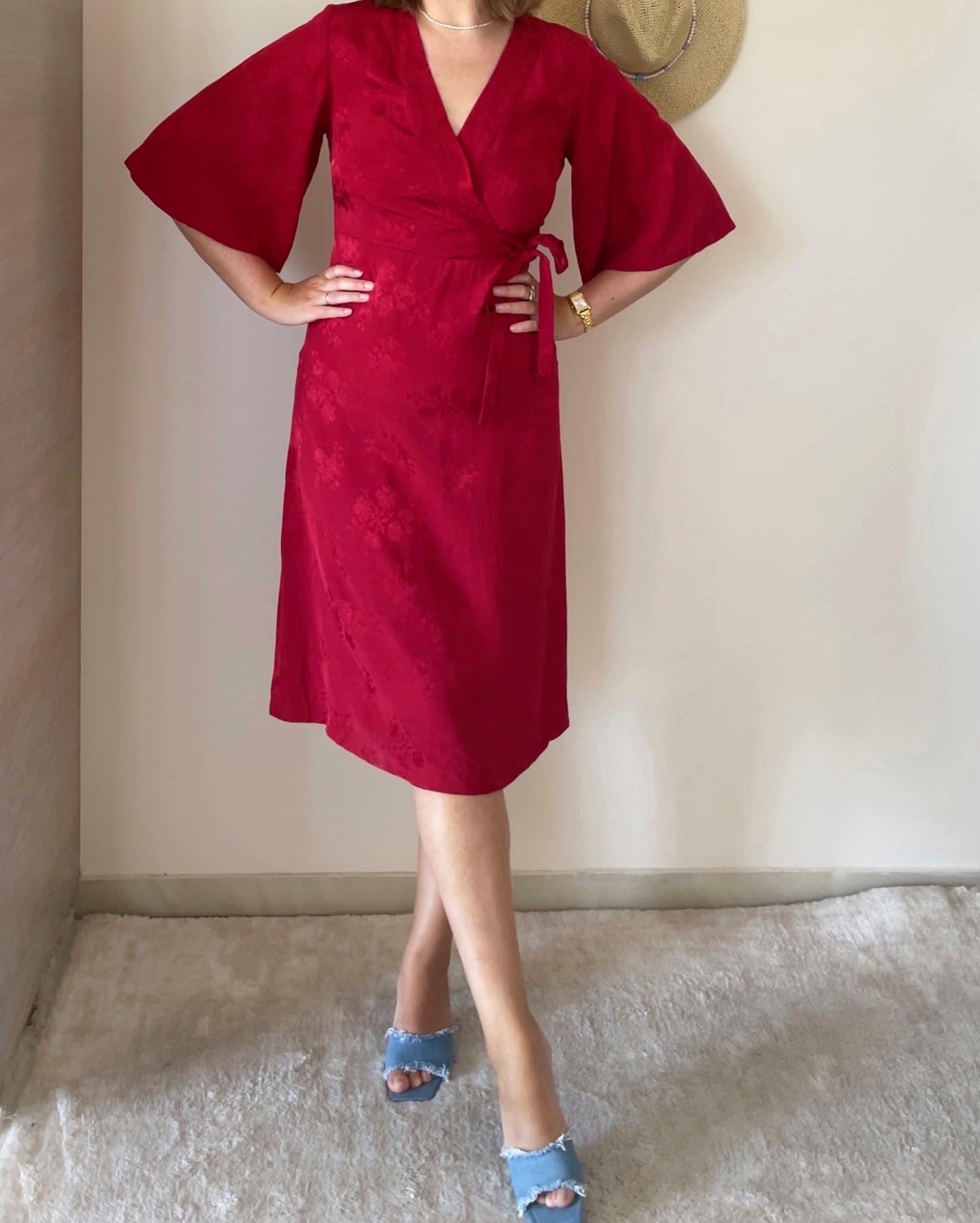 Beautiful feminine red dress made from viscose with jacquard pattern
