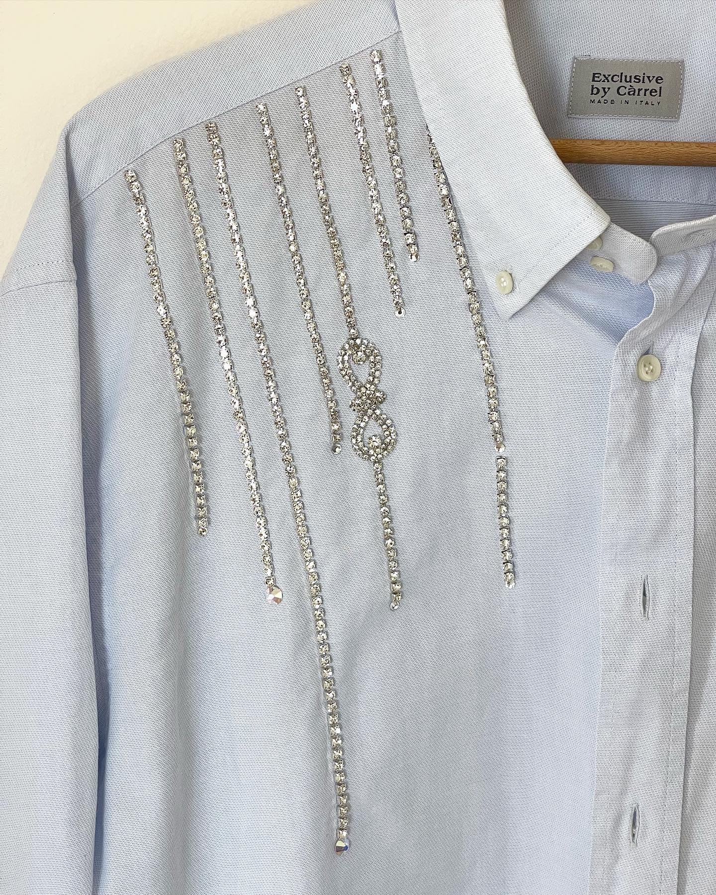 Vintage oversized men's shirt hand-decorated with rhinestone crystal chain