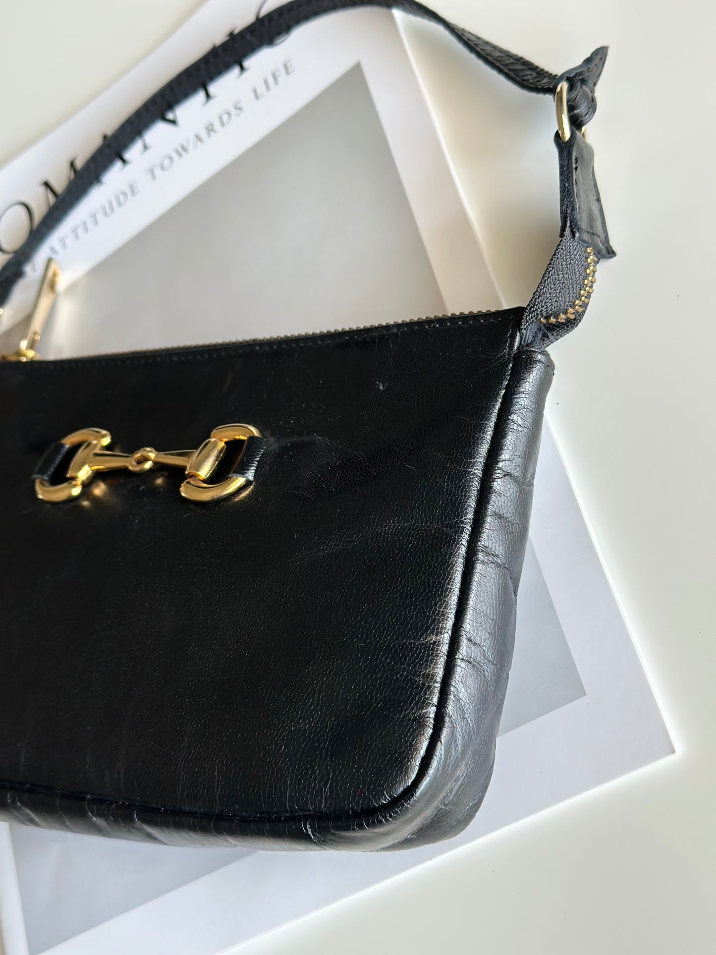 Minimalist black real leather baguette bag