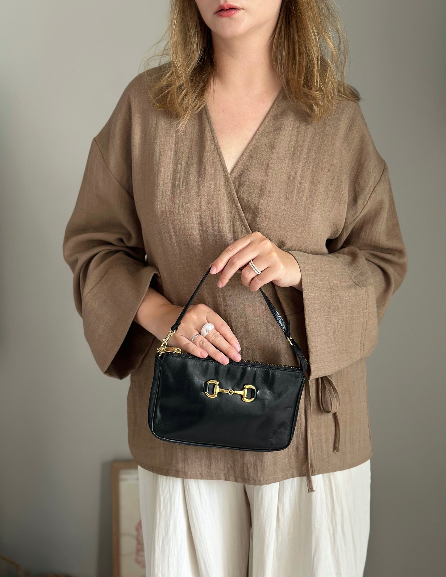 Minimalist black real leather baguette bag