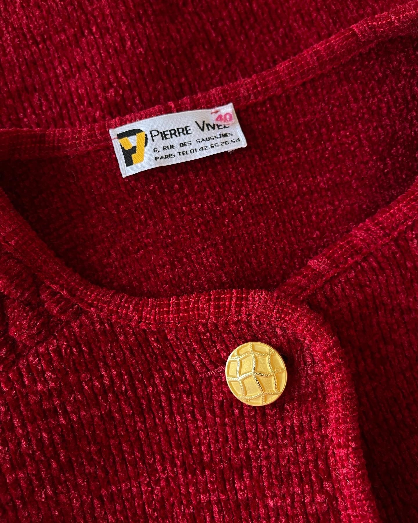 Vintage red suit with accent gold tone buttons (1980s).