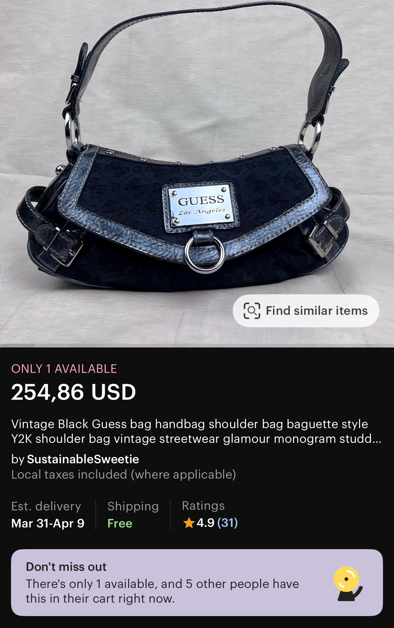 Stunning authentic vintage Guess grey baguette bag