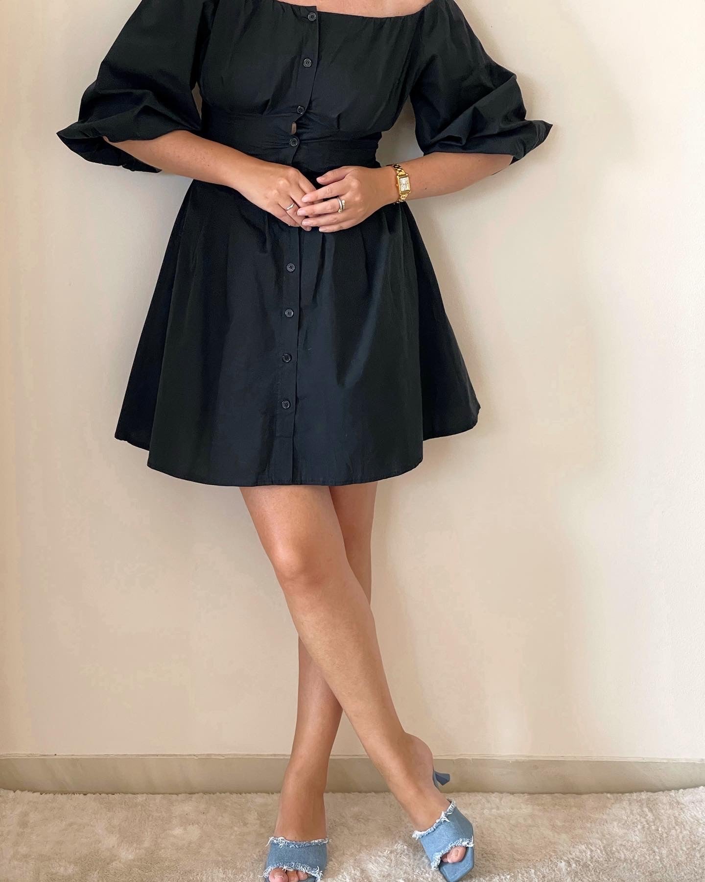 Incredible vintage black cotton dress with puff sleeves