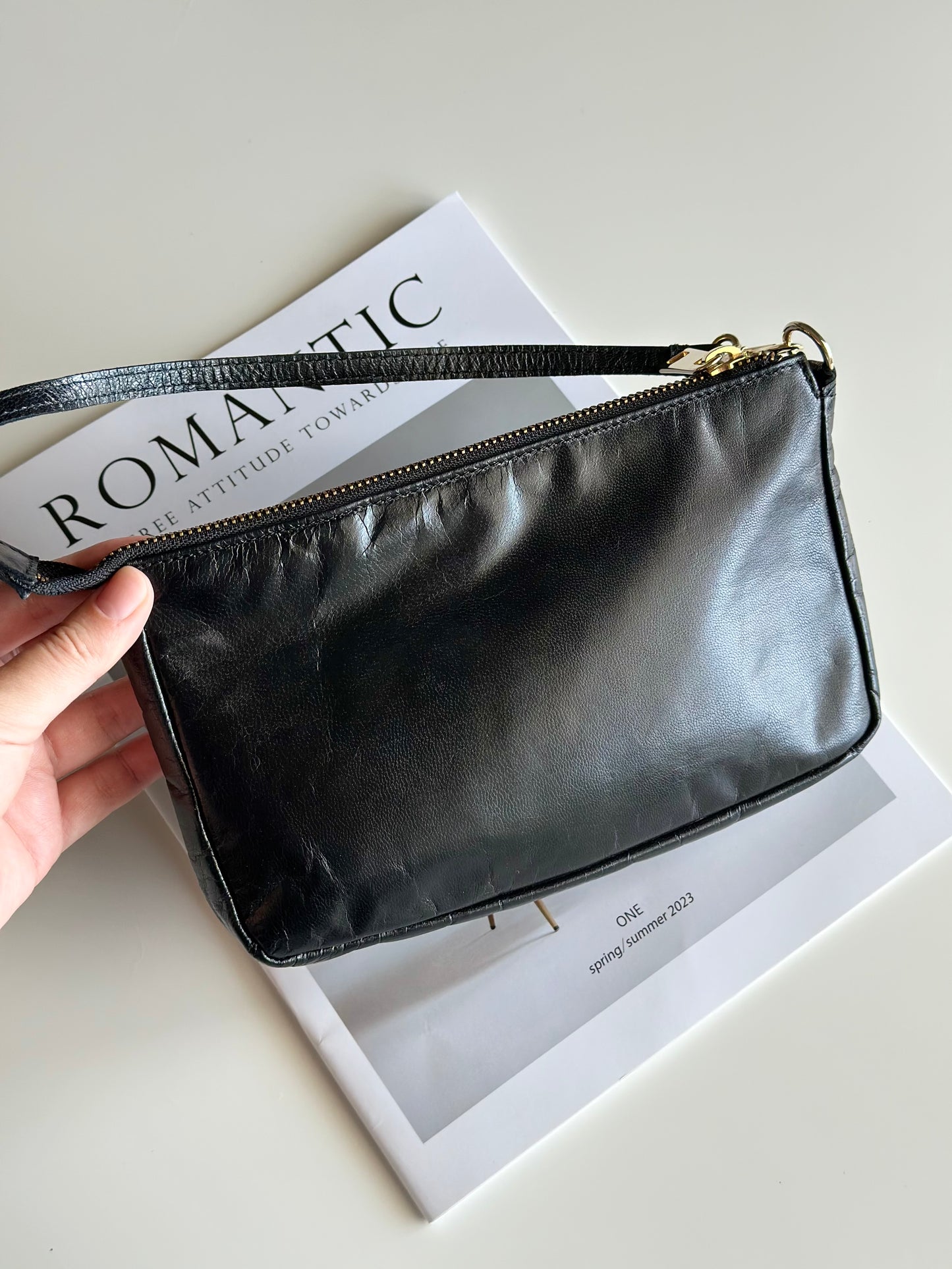 Minimalist black real leather baguette bag