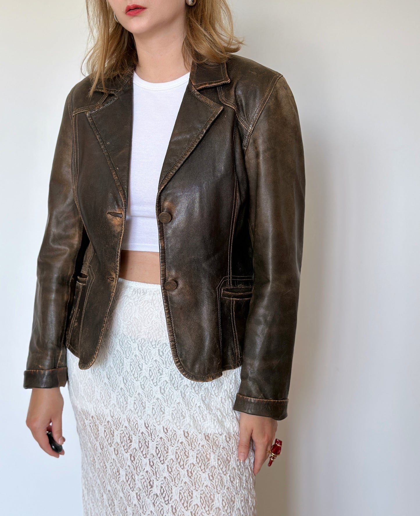 Trendy vintage distressed leather jacket