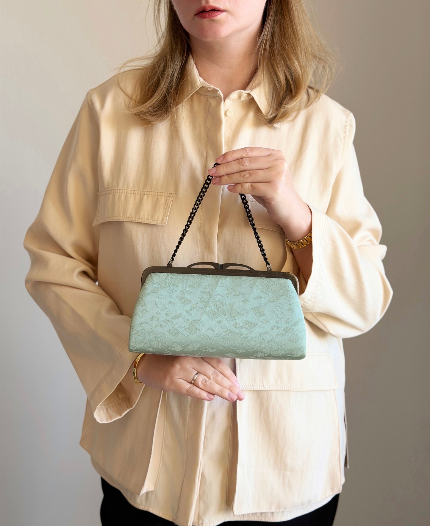 Unique vintage silk clutch bag with mirror