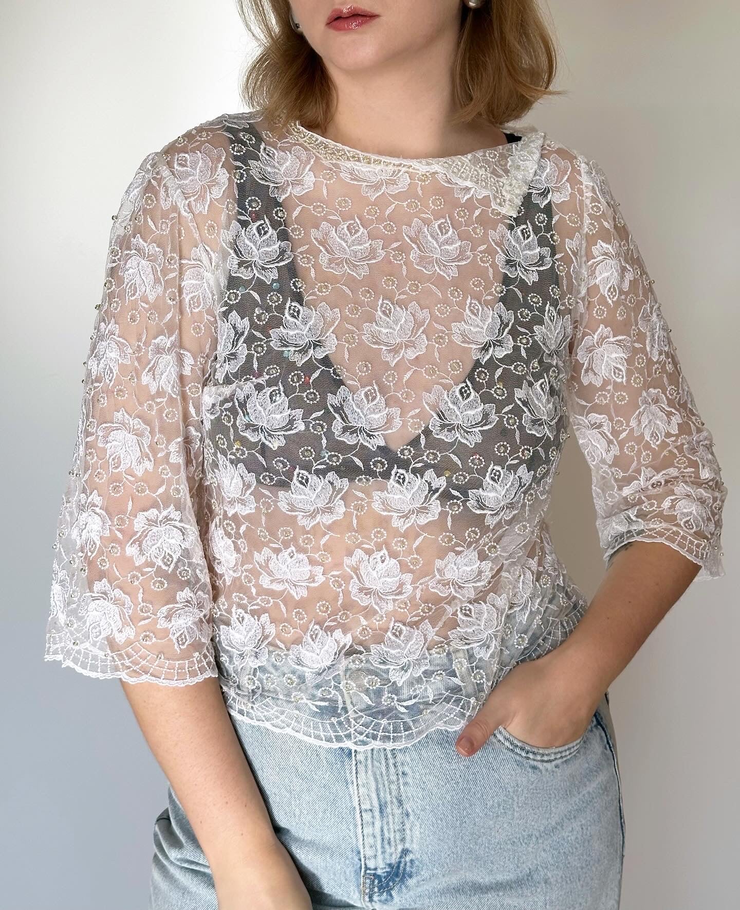 Beautiful vintage lace blouse with flowers and beads
