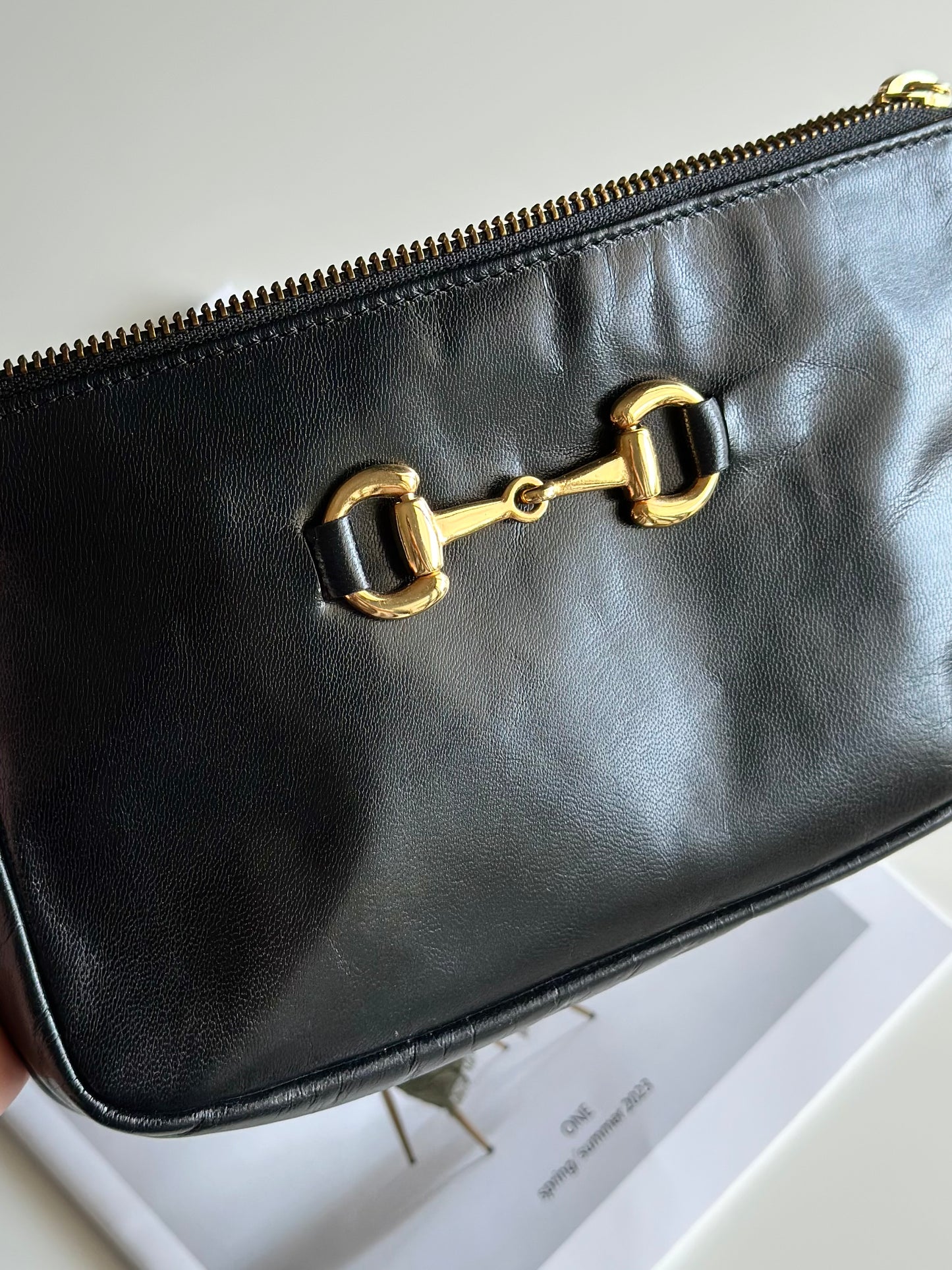 Minimalist black real leather baguette bag