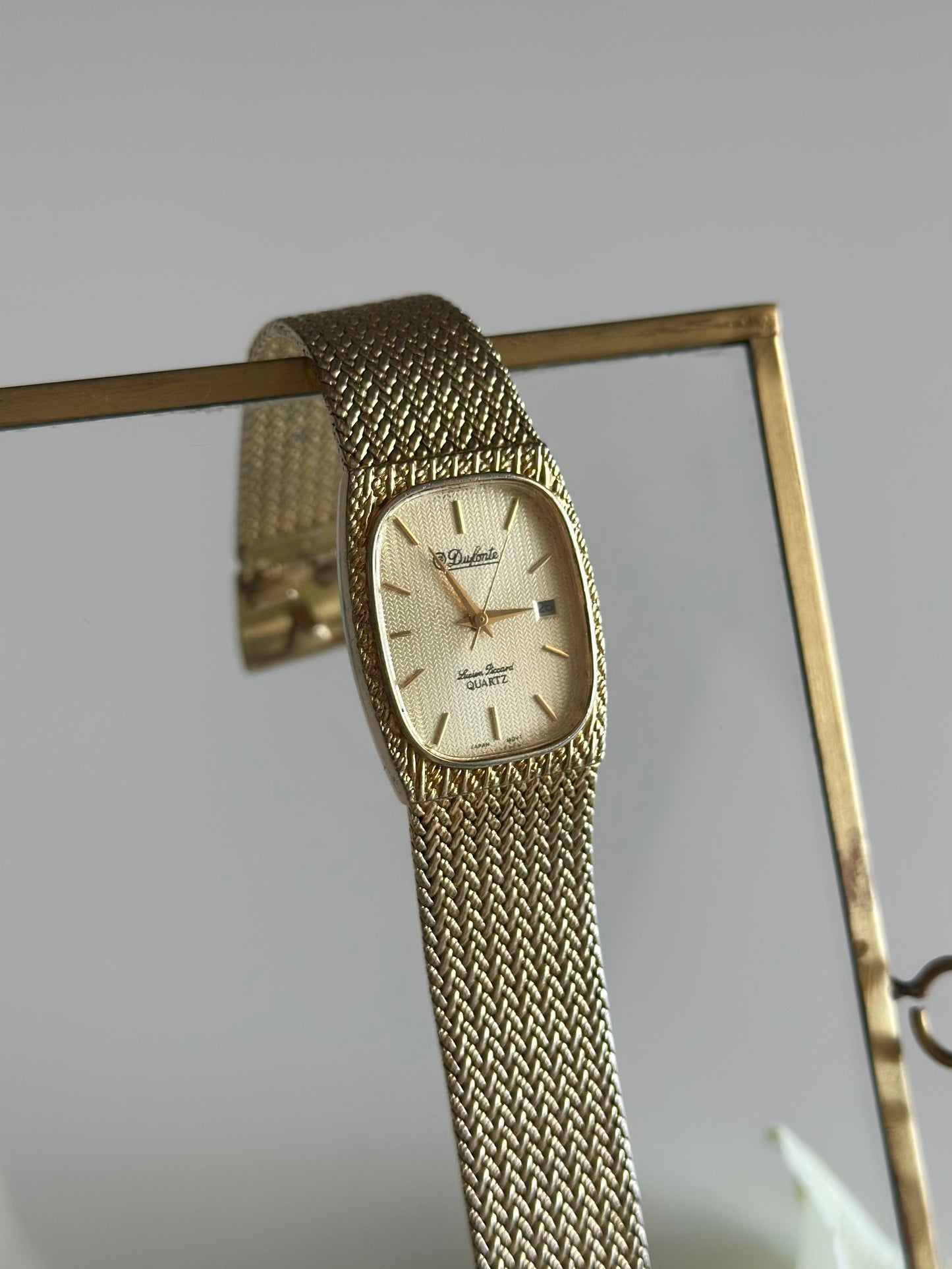 Vintage Lucien Piccard Dufonte watch with gold-tone mesh bracelet