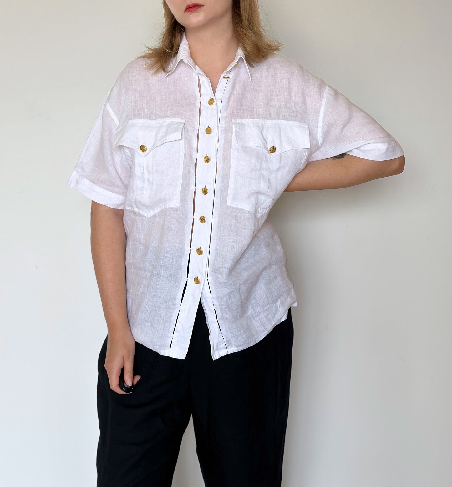 Vintage linen shirt with gold buttons