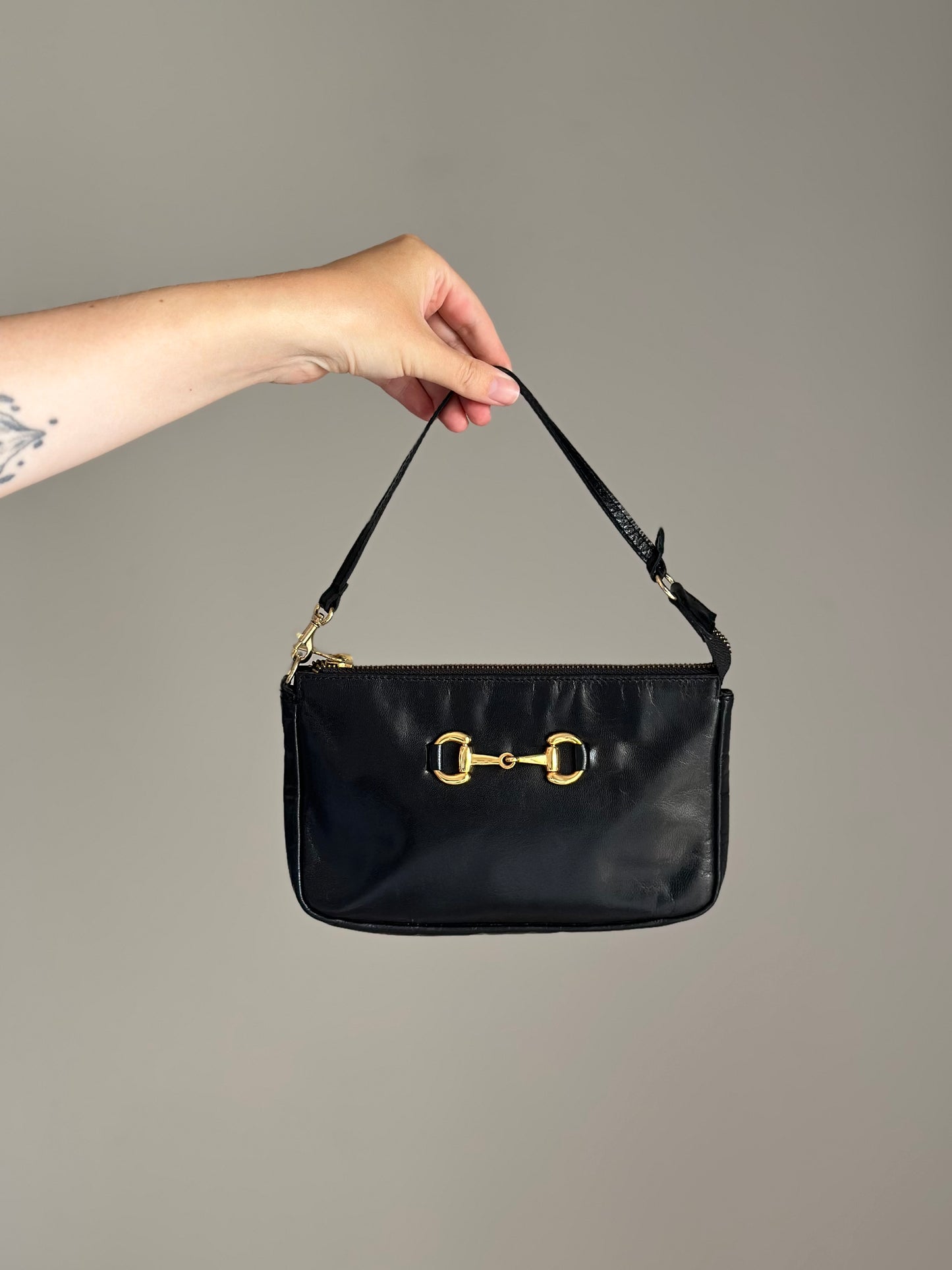 Minimalist black real leather baguette bag