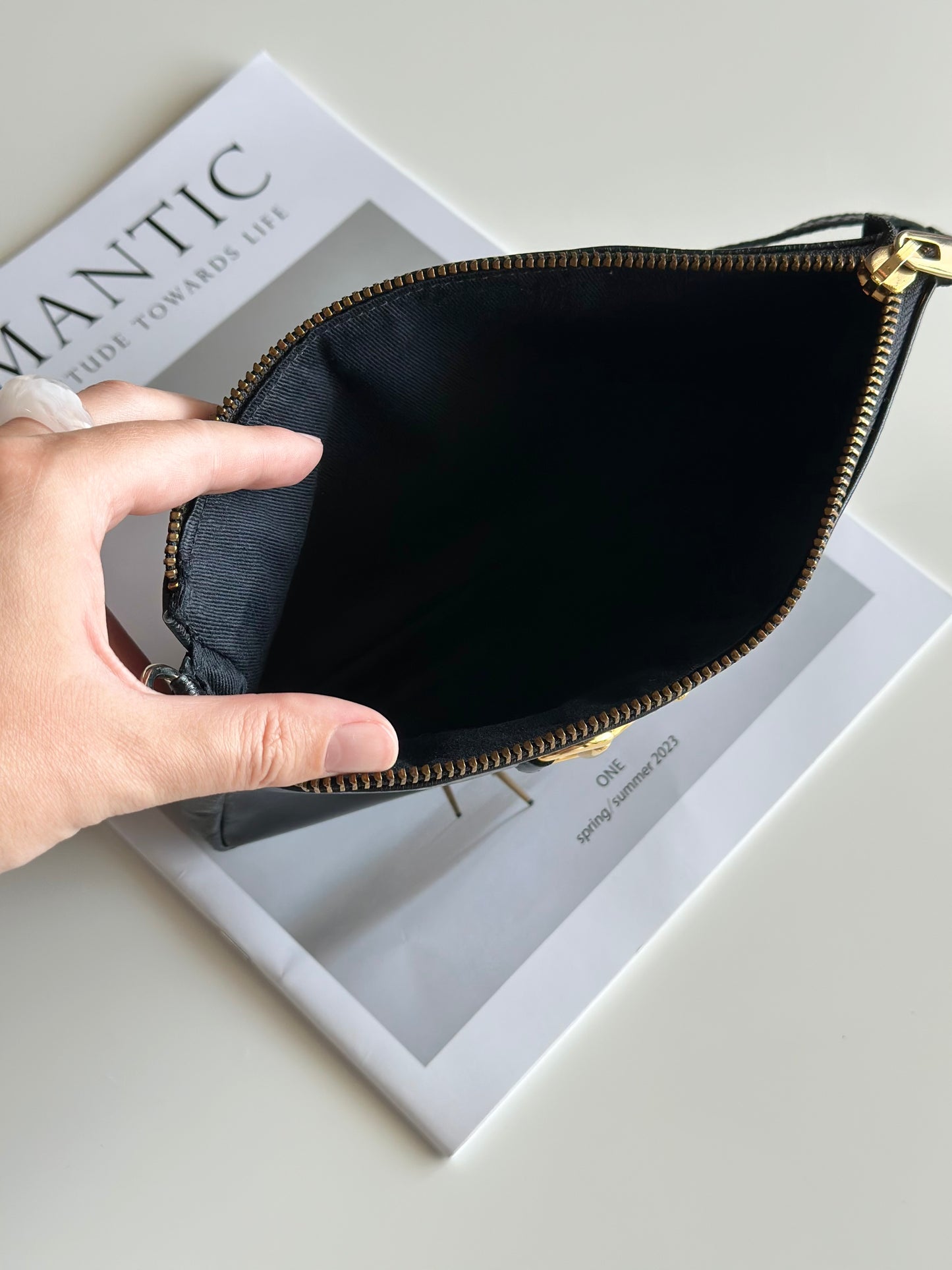 Minimalist black real leather baguette bag