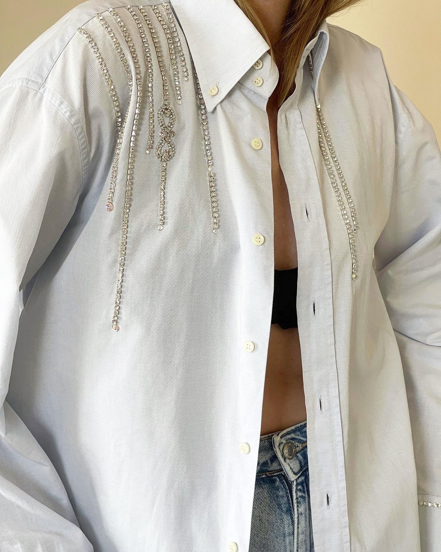 Vintage oversized men's shirt hand-decorated with rhinestone crystal chain