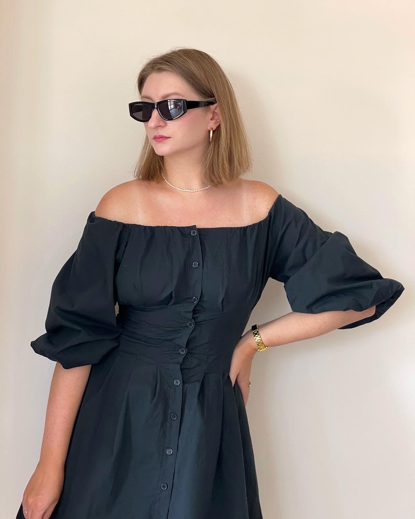 Incredible vintage black cotton dress with puff sleeves