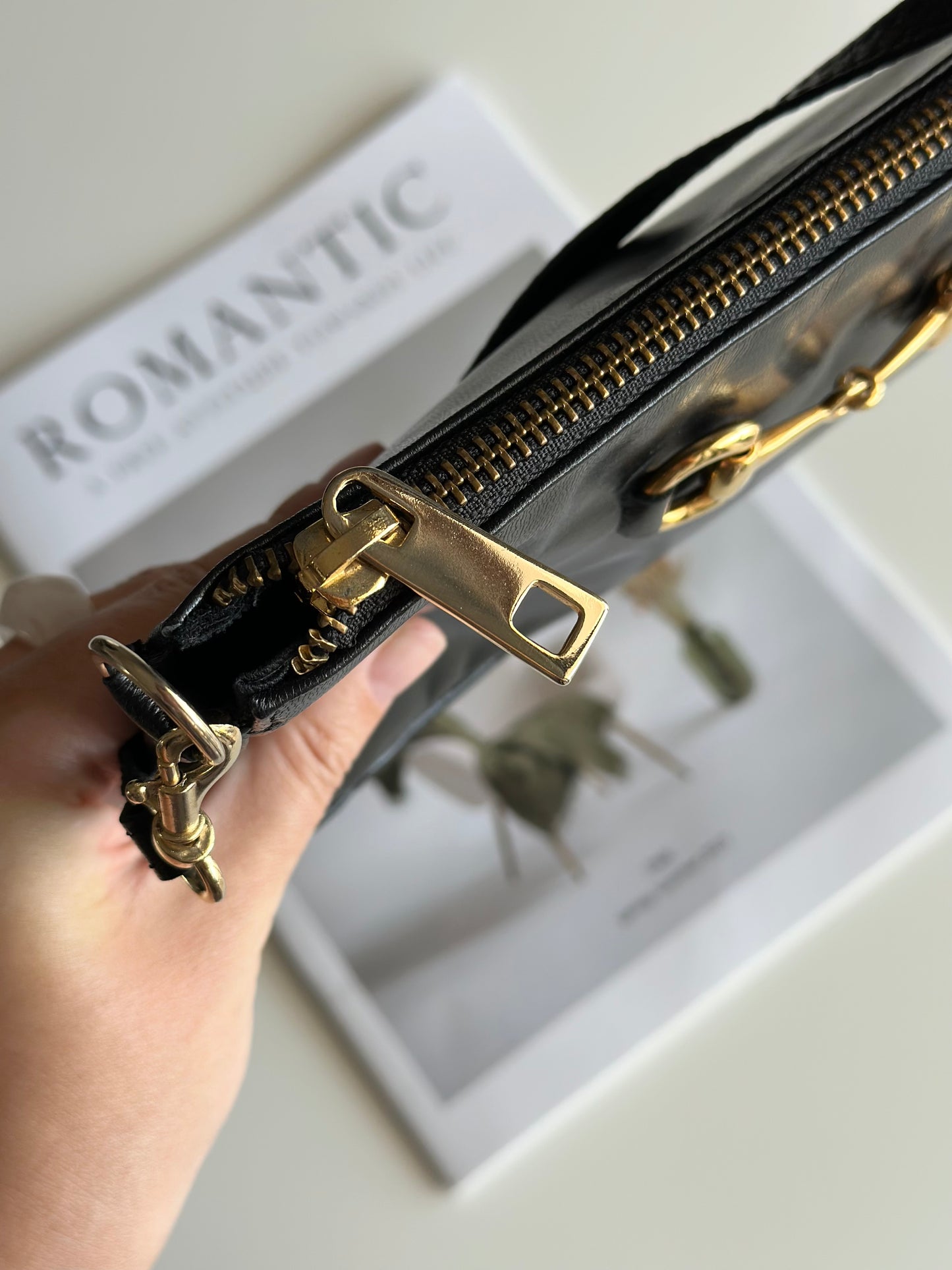 Minimalist black real leather baguette bag
