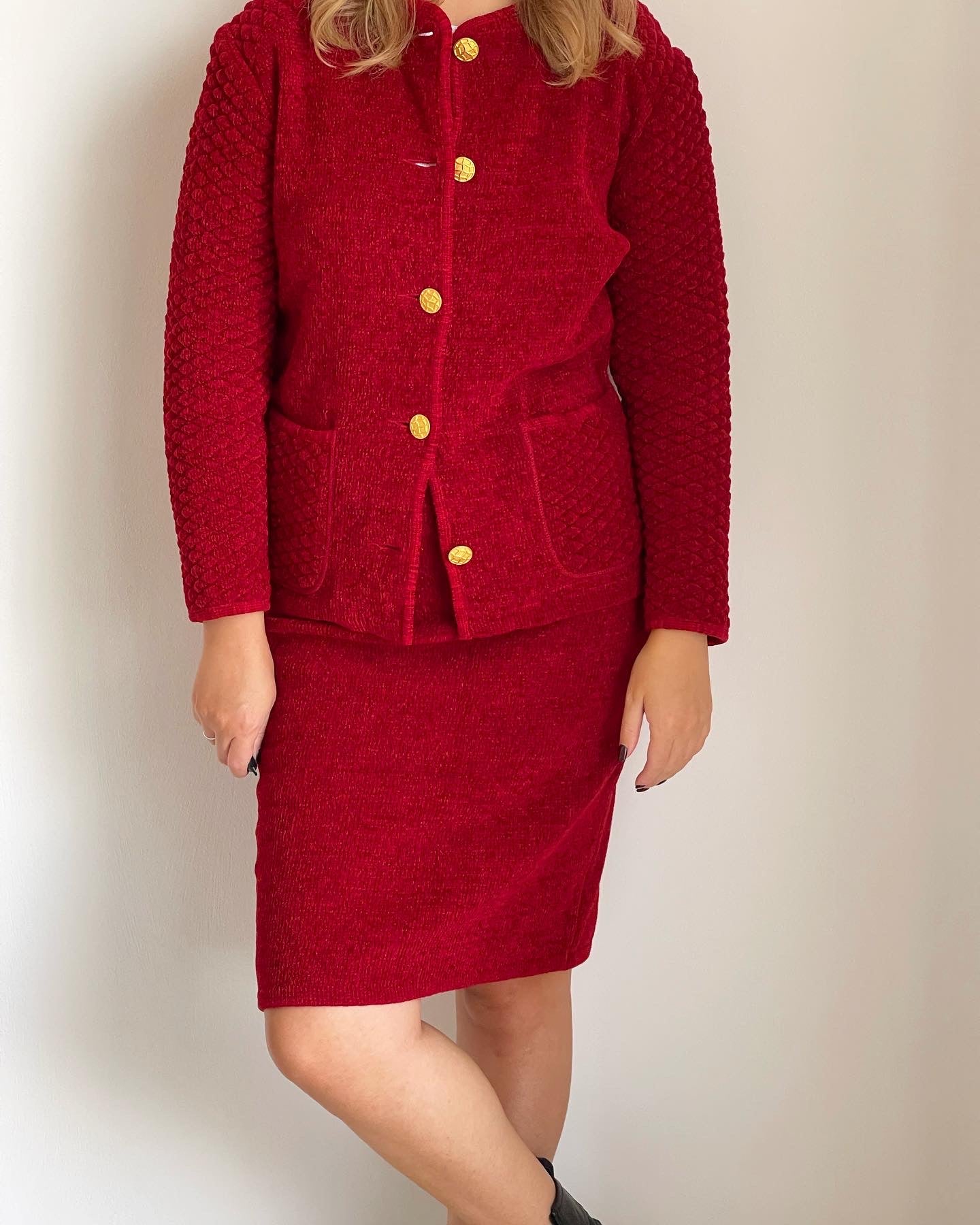 Vintage red suit with accent gold tone buttons (1980s).