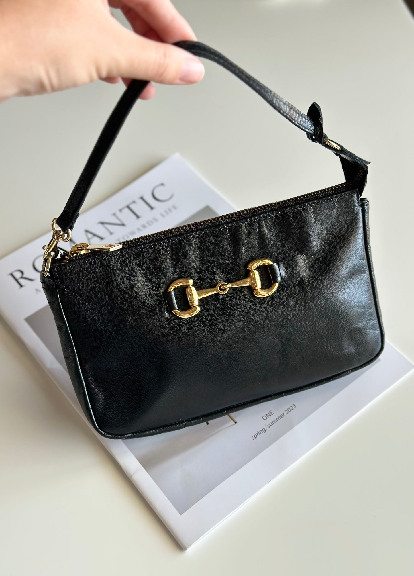Minimalist black real leather baguette bag