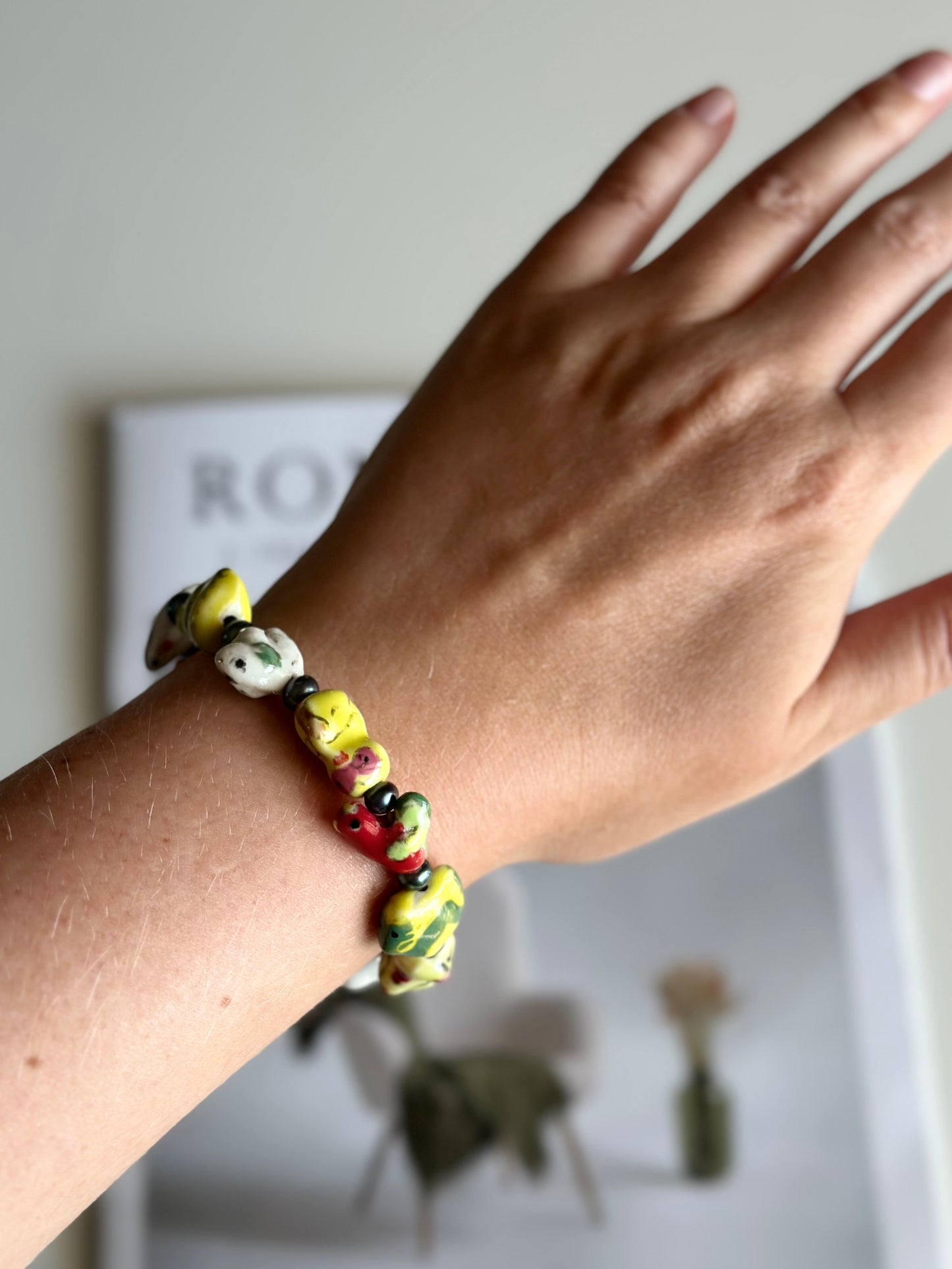 Vintage bracelet with colourful hand-painted ceramic beads