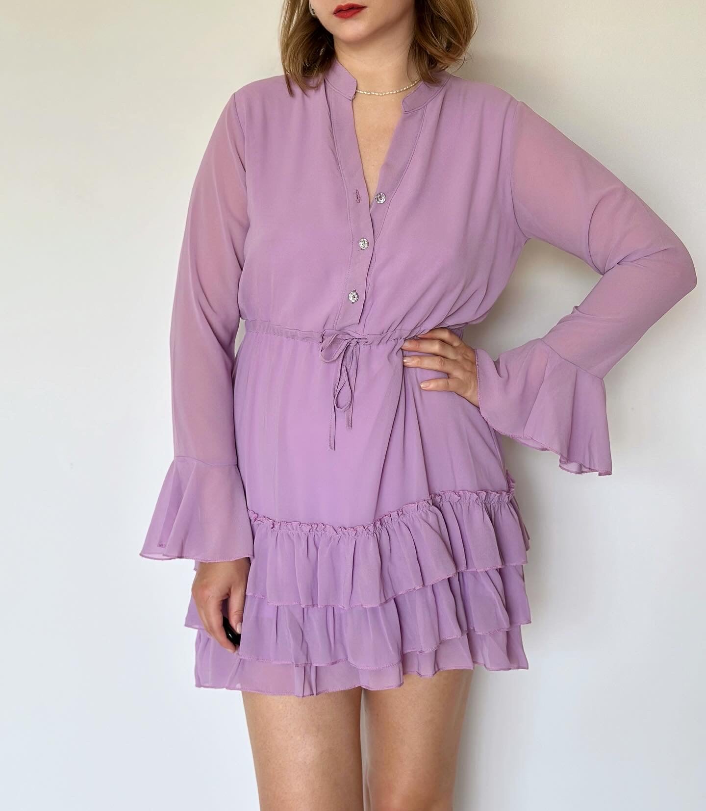 Romantic lilac mini dress with ruffles