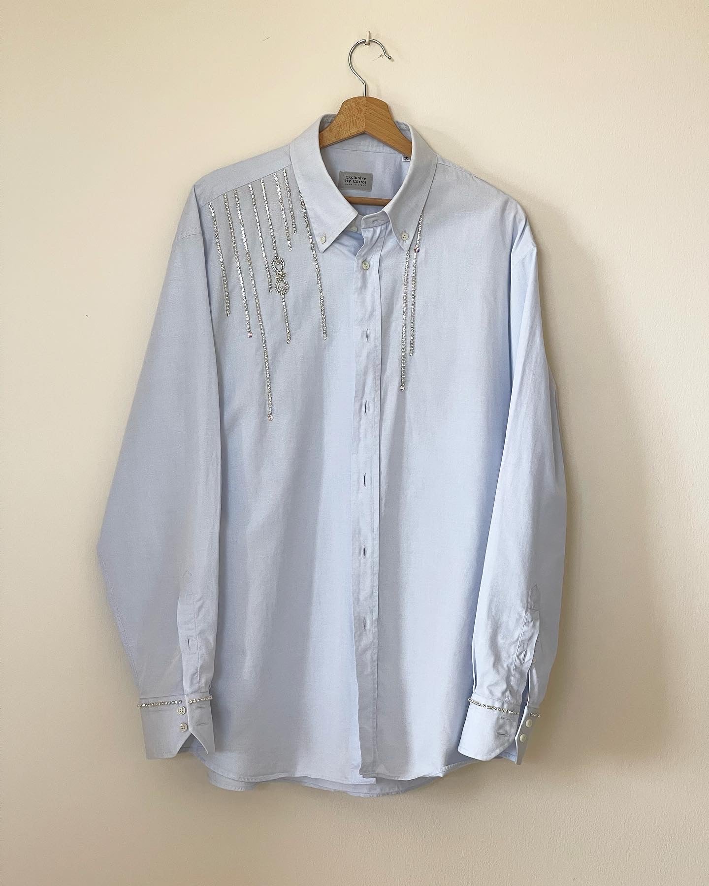 Vintage oversized men's shirt hand-decorated with rhinestone crystal chain