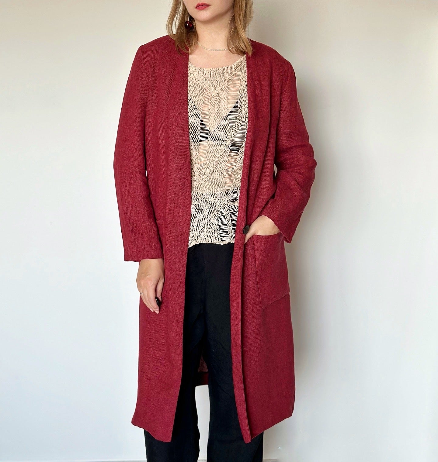 Red linen duster coat Zara