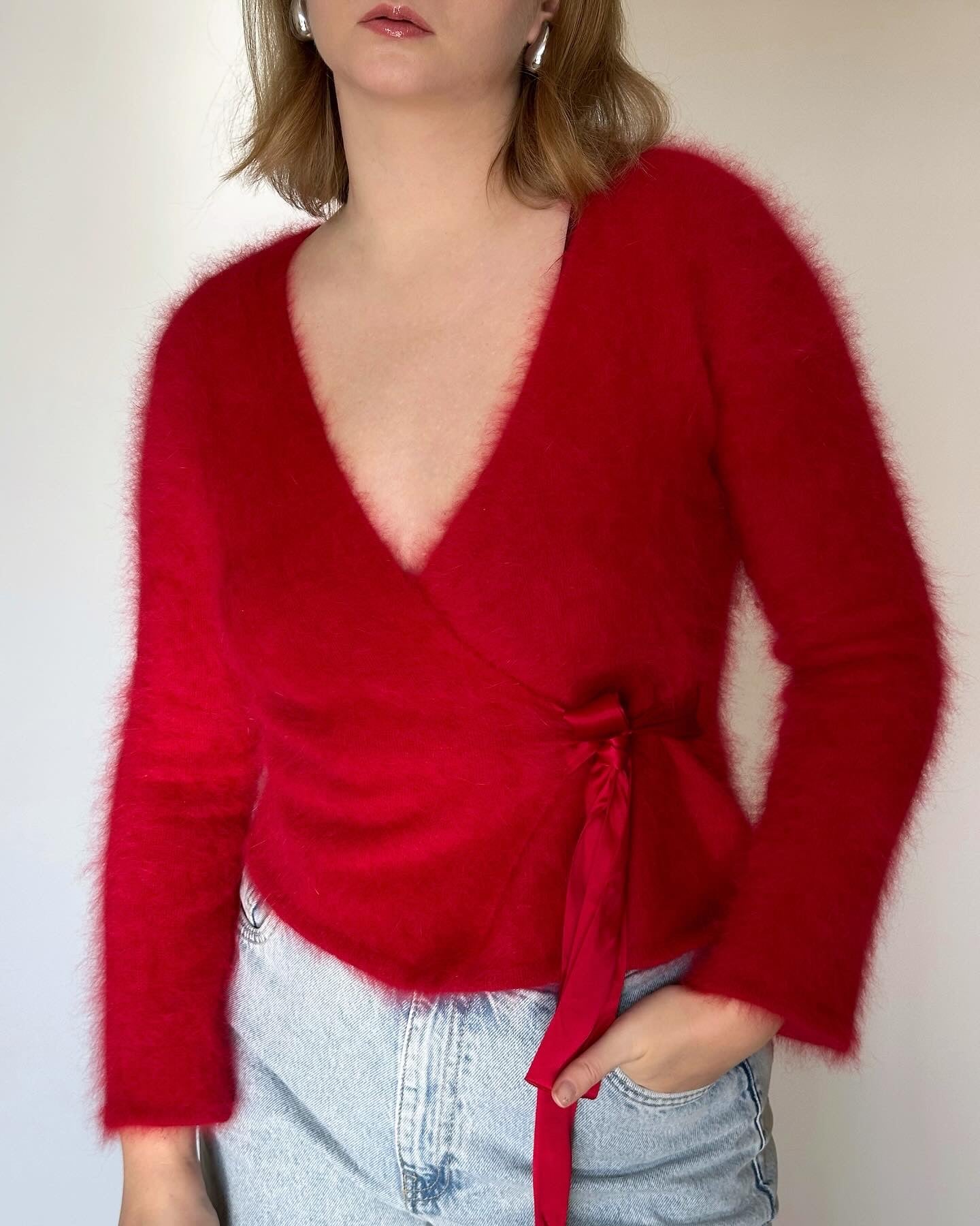 Astonishing vintage wrap cardigan made of angora with silk ribbons Monsoon