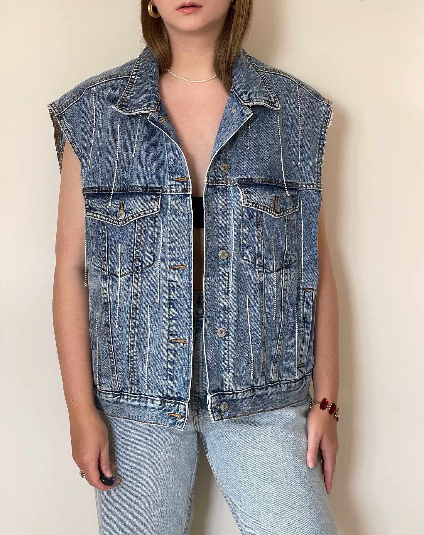 Lovely oversized denim waistcoat hand-decorated with rhinestone crystal chain