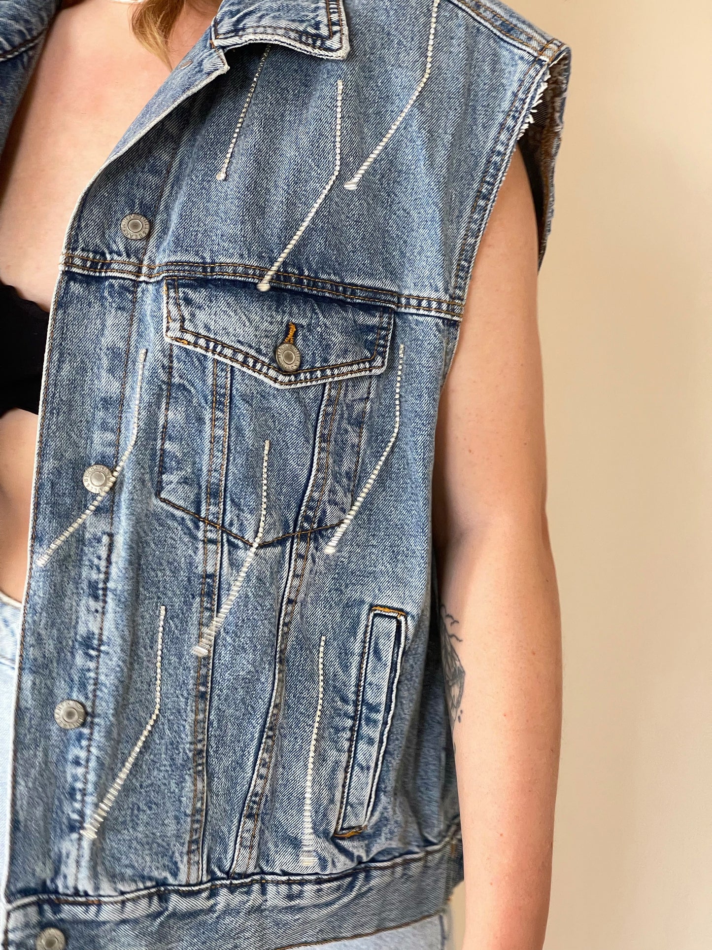 Lovely oversized denim waistcoat hand-decorated with rhinestone crystal chain