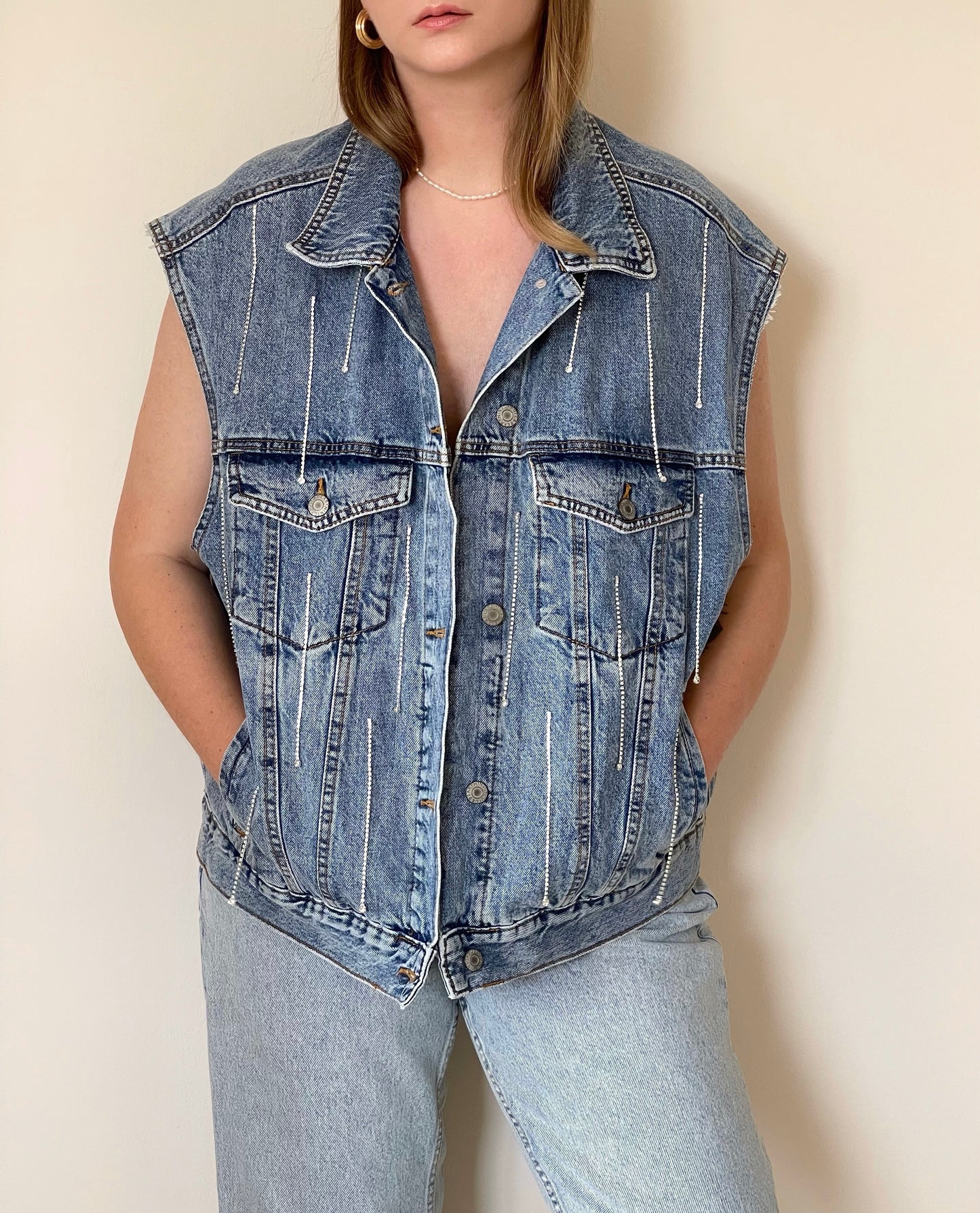Lovely oversized denim waistcoat hand-decorated with rhinestone crystal chain