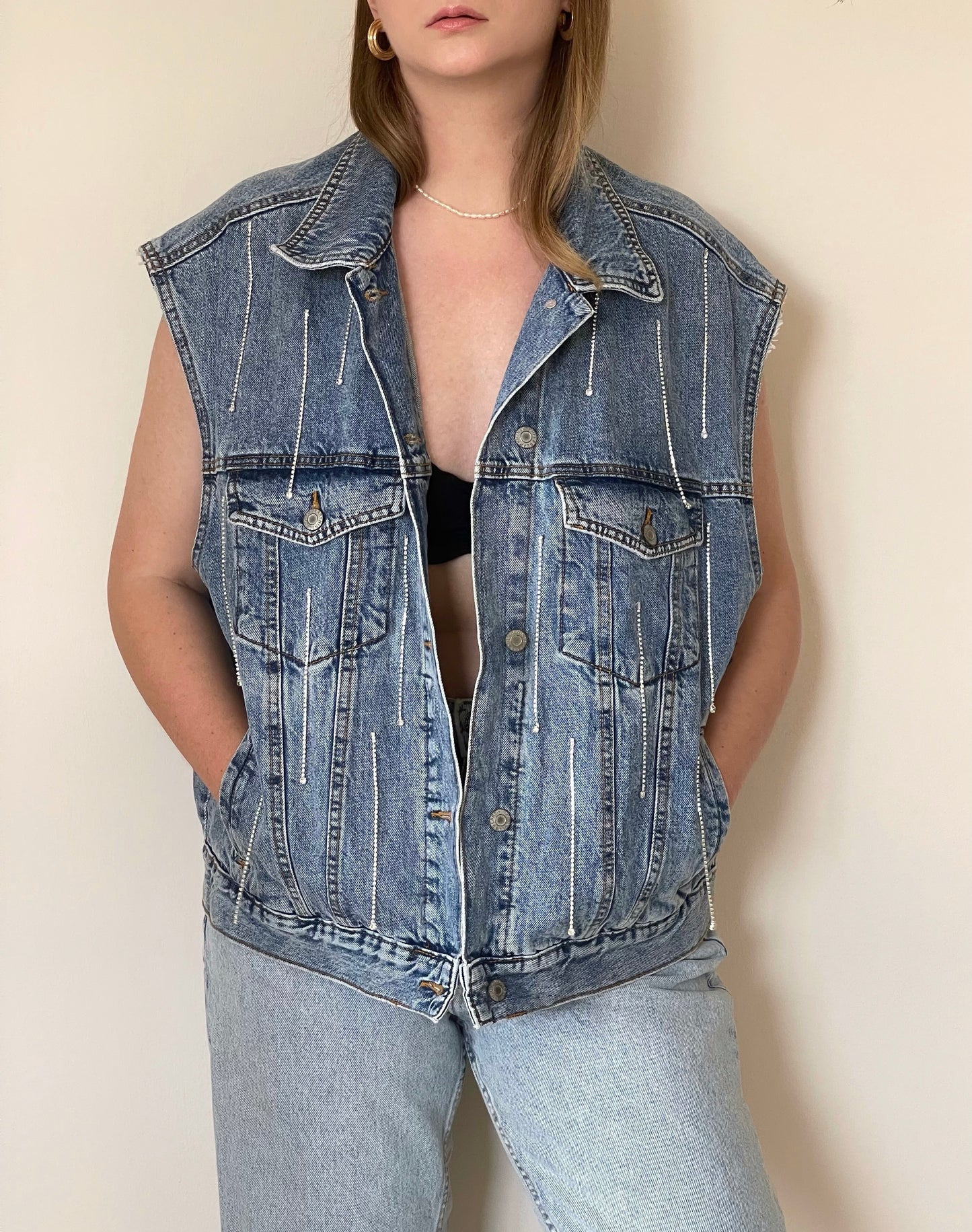 Lovely oversized denim waistcoat hand-decorated with rhinestone crystal chain