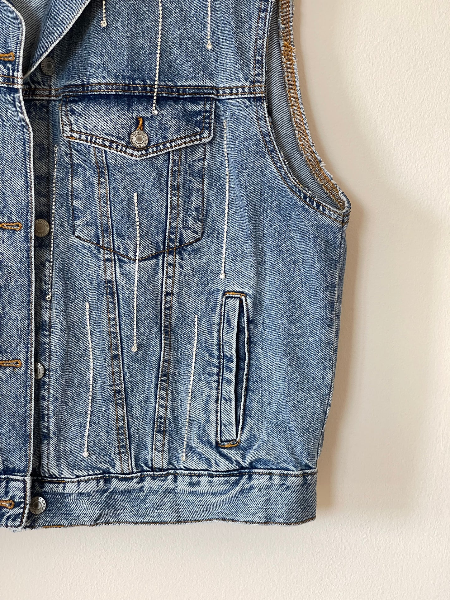 Lovely oversized denim waistcoat hand-decorated with rhinestone crystal chain