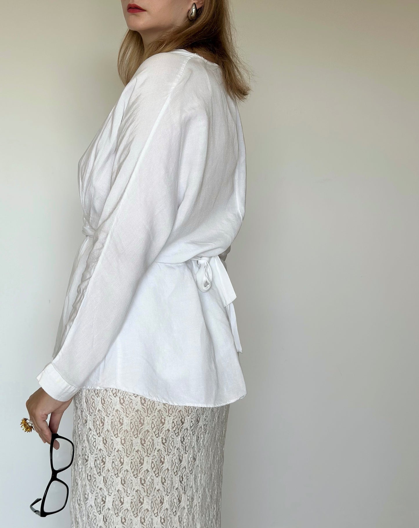 Beautiful white linen kimono blouse with belt