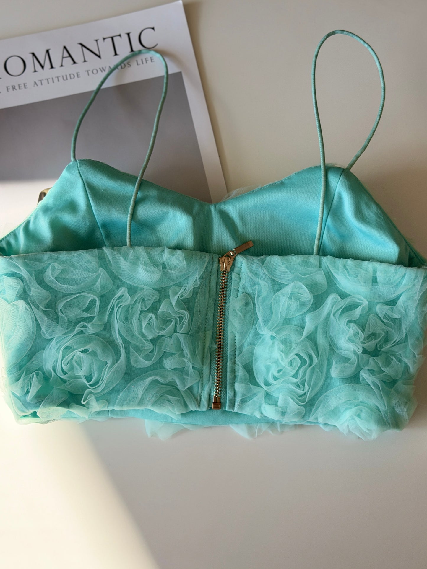 Turquoise bustier top with roses