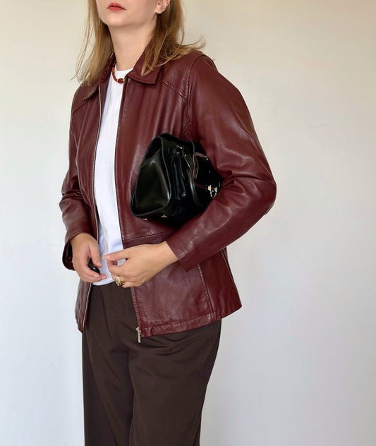 Trendy vintage burgundy leather jacket