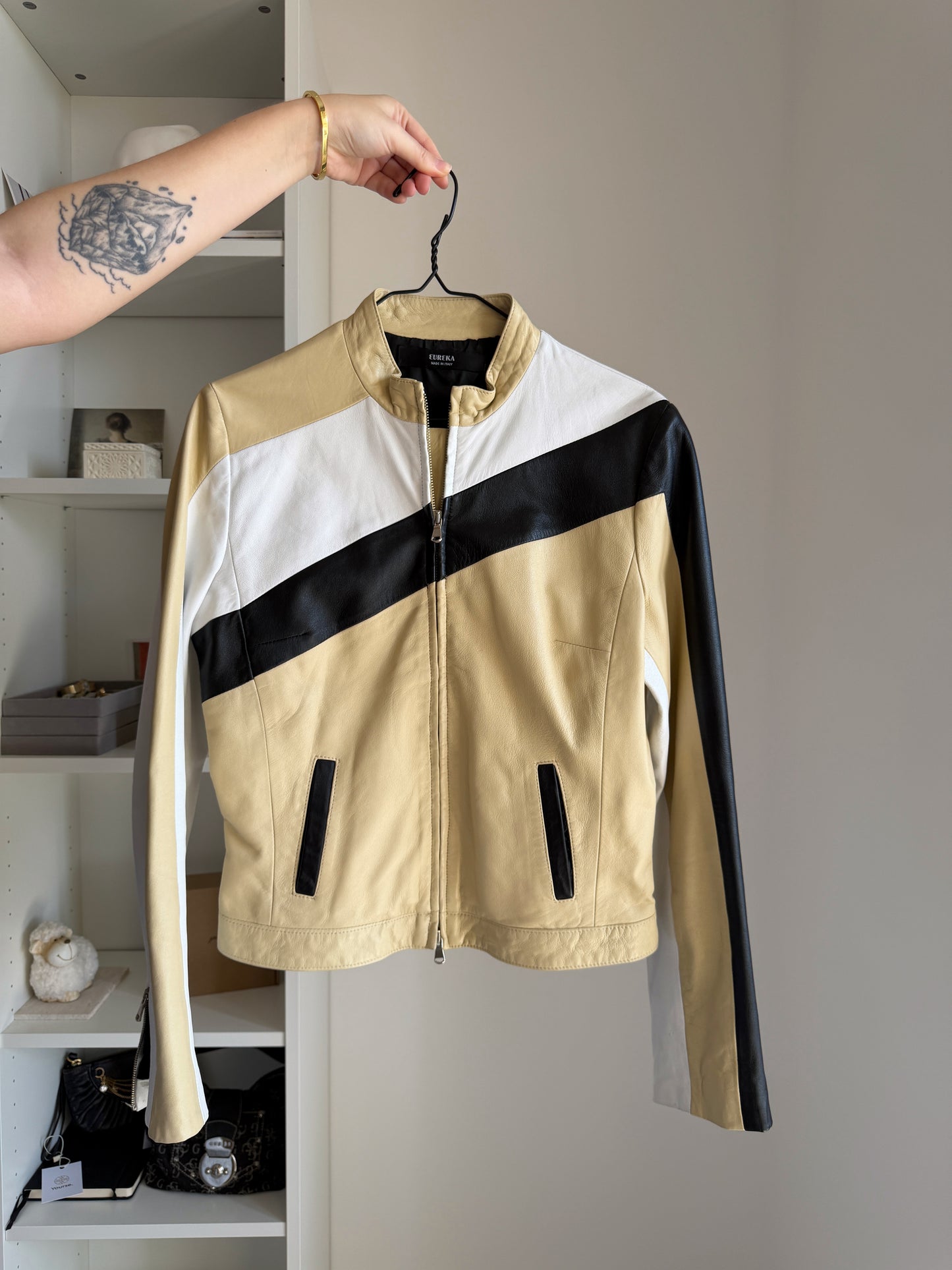 Vintage colour-block leather jacket
