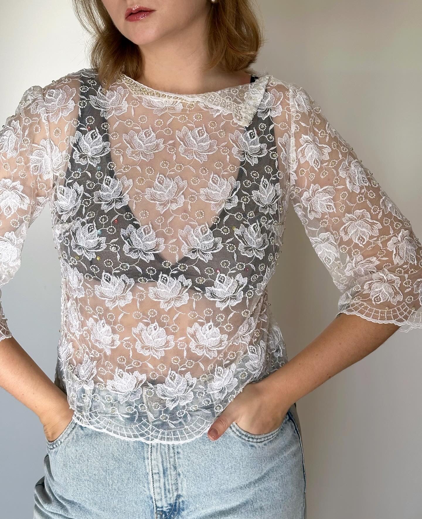 Beautiful vintage lace blouse with flowers and beads