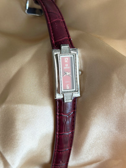 Classic watch with burgundy leather strap