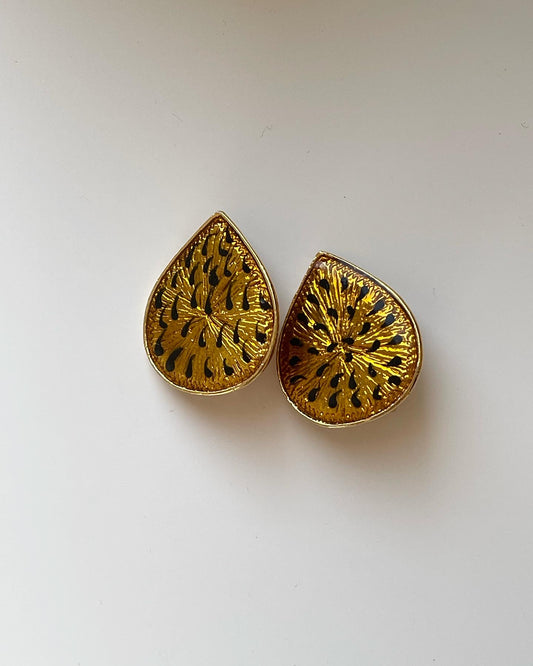 One-of-a-kind vintage enamel clip-on earrings in a beautiful gold/black tone