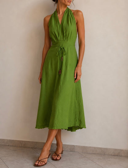 Vibrant green halter-neck linen dress