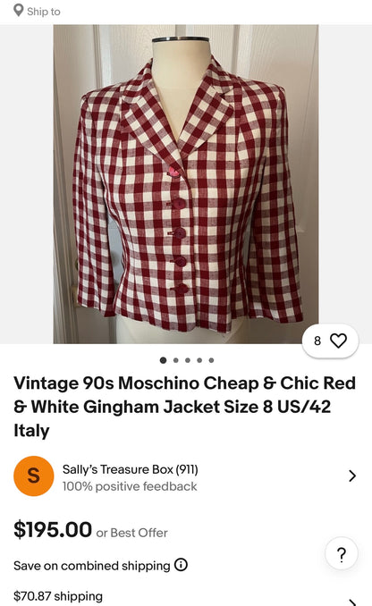 Vintage Moschino gingham red blazer 1990s