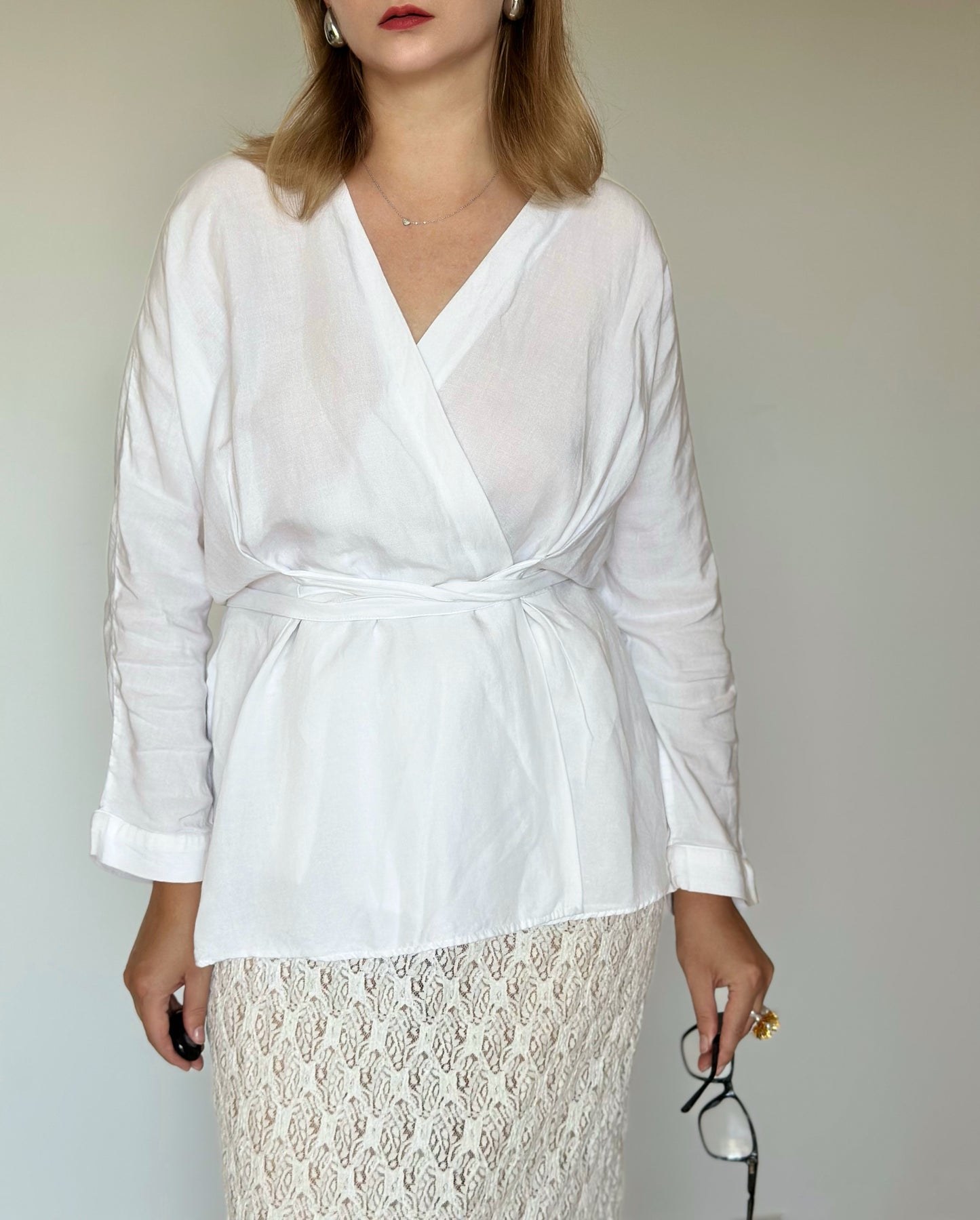 Beautiful white linen kimono blouse with belt