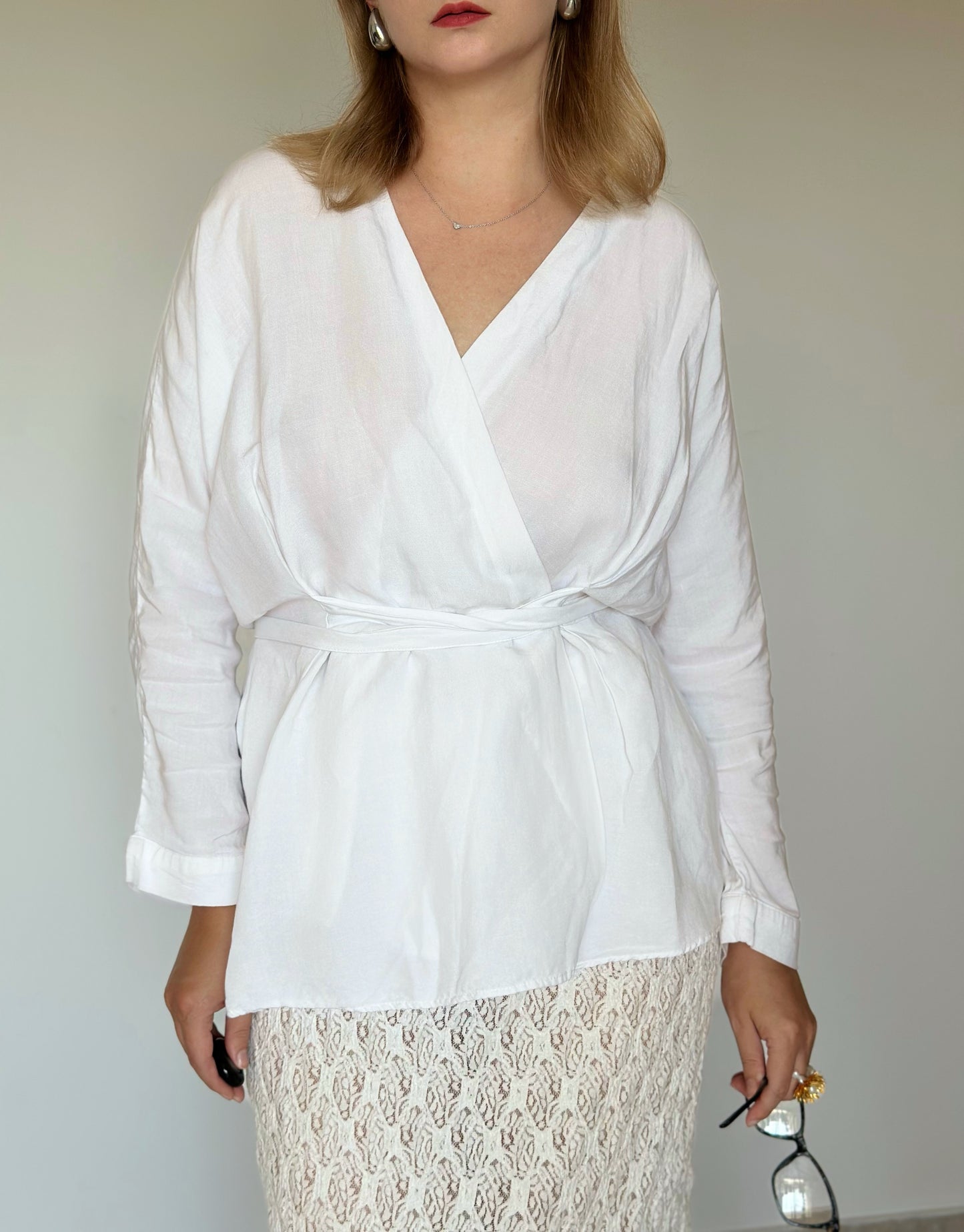 Beautiful white linen kimono blouse with belt